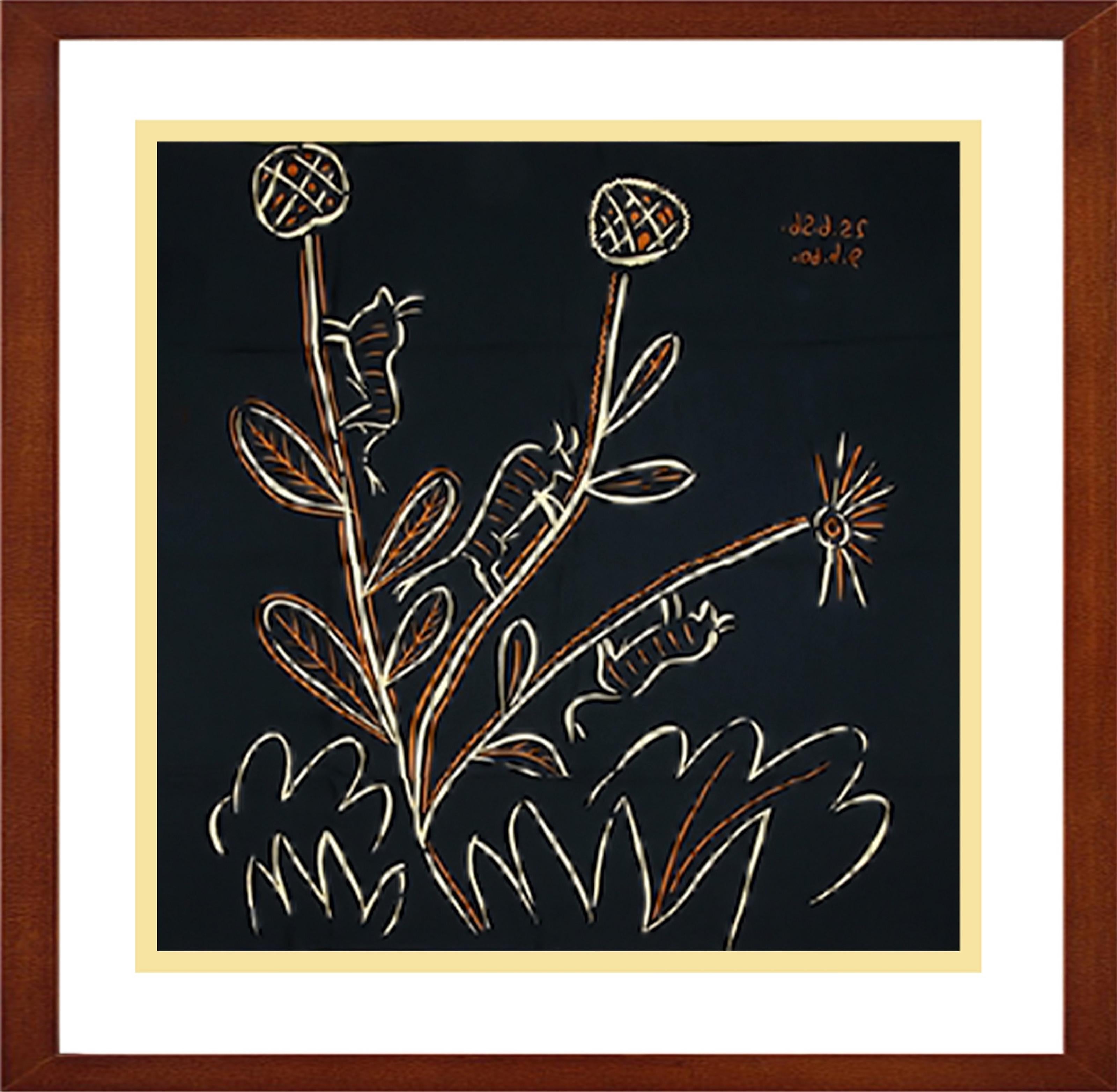 Lieferkosten auf Anfrage
"Plante aux Toritos", Kunstwerk des Künstlers Pablo Picasso.
Abstrakte, humorvolle Darstellung von Flora und Fauna.
Bedruckter Seidenschal (reine Seide) nach einem Linolschnitt von Picasso.
Erste Version: Im Geschenkkarton /