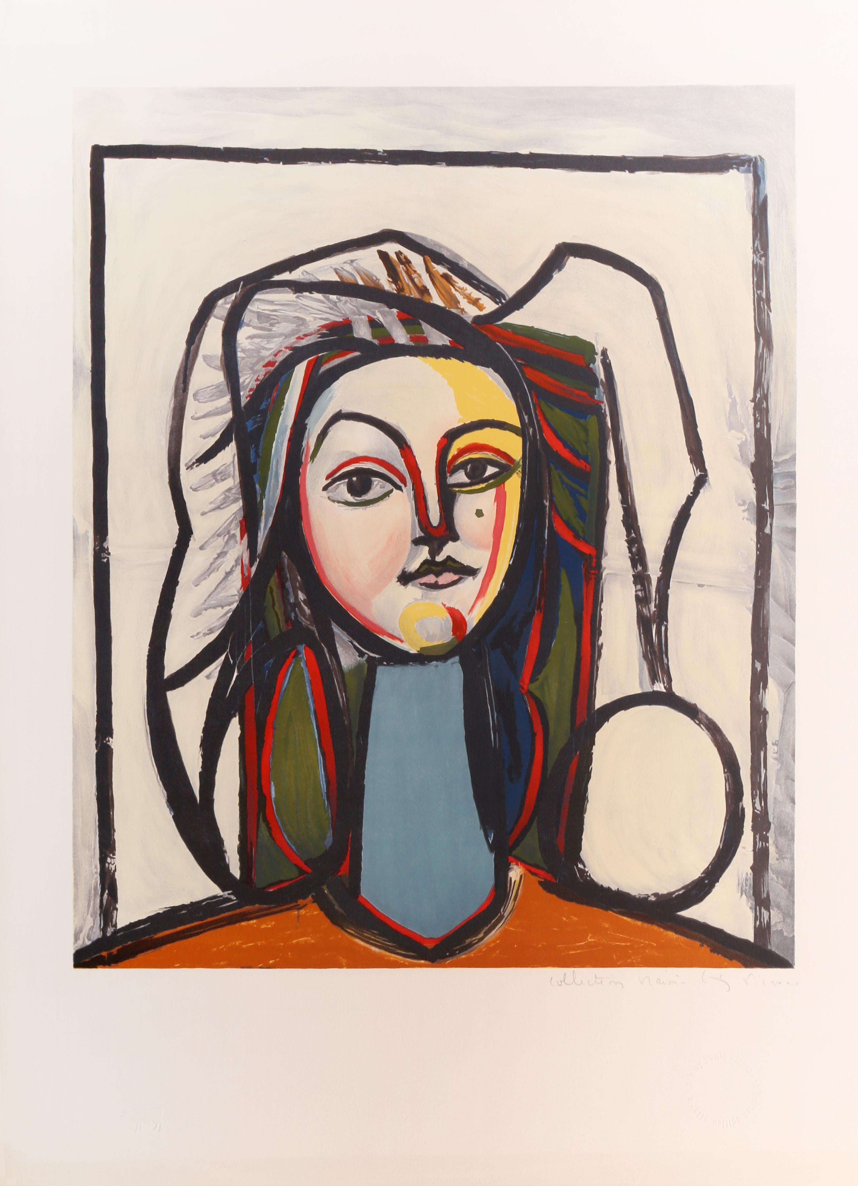 Facing the viewer, the woman in this print is rendered in a linear style that emphasizes the geometric qualities of her form. A typical example of Pablo Picasso's Cubist portraits, his portrayal of the woman is angular and non-representative of