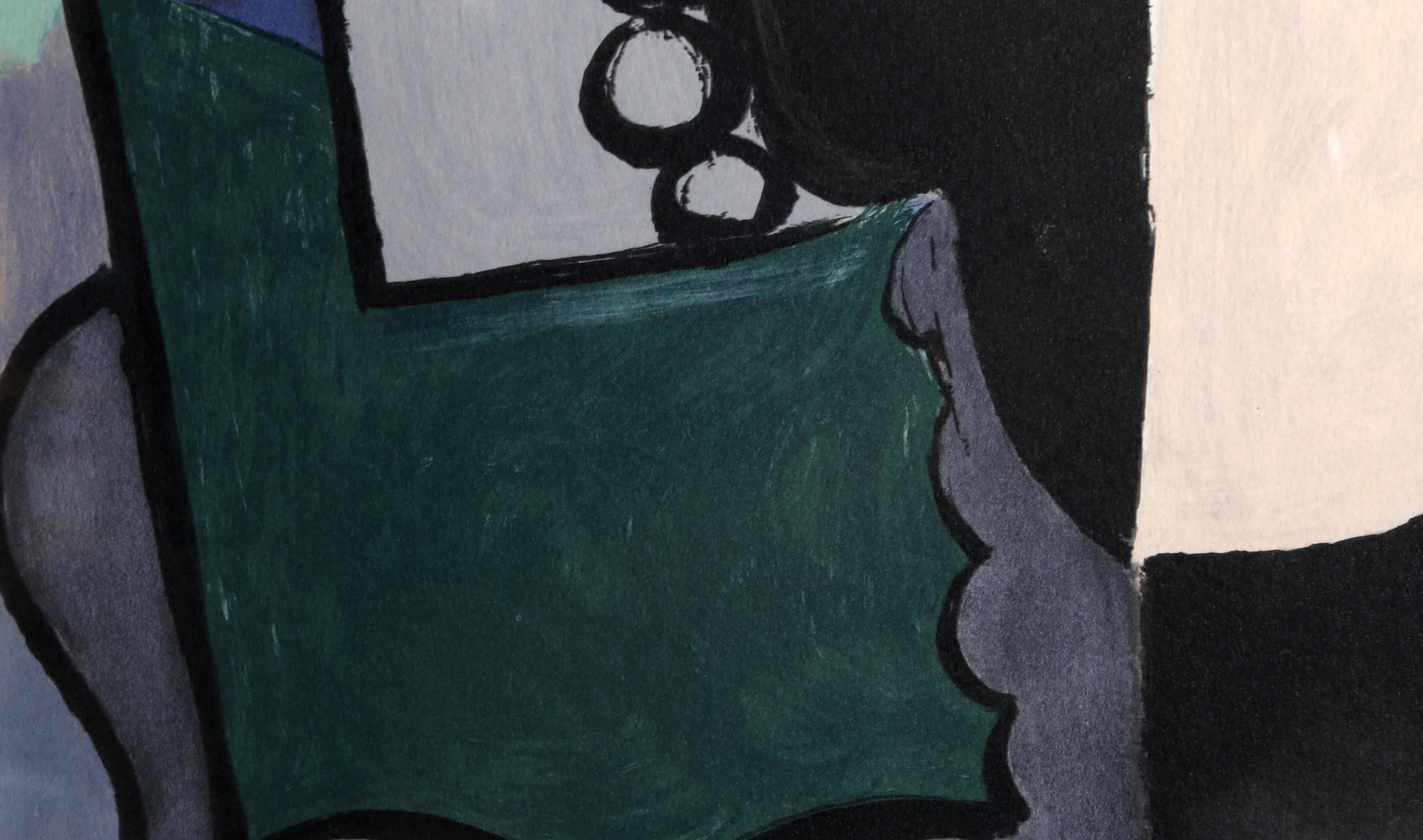 Portrait de Face sur Fond Rose et Vert, Cubist Lithograph by Pablo Picasso For Sale 1