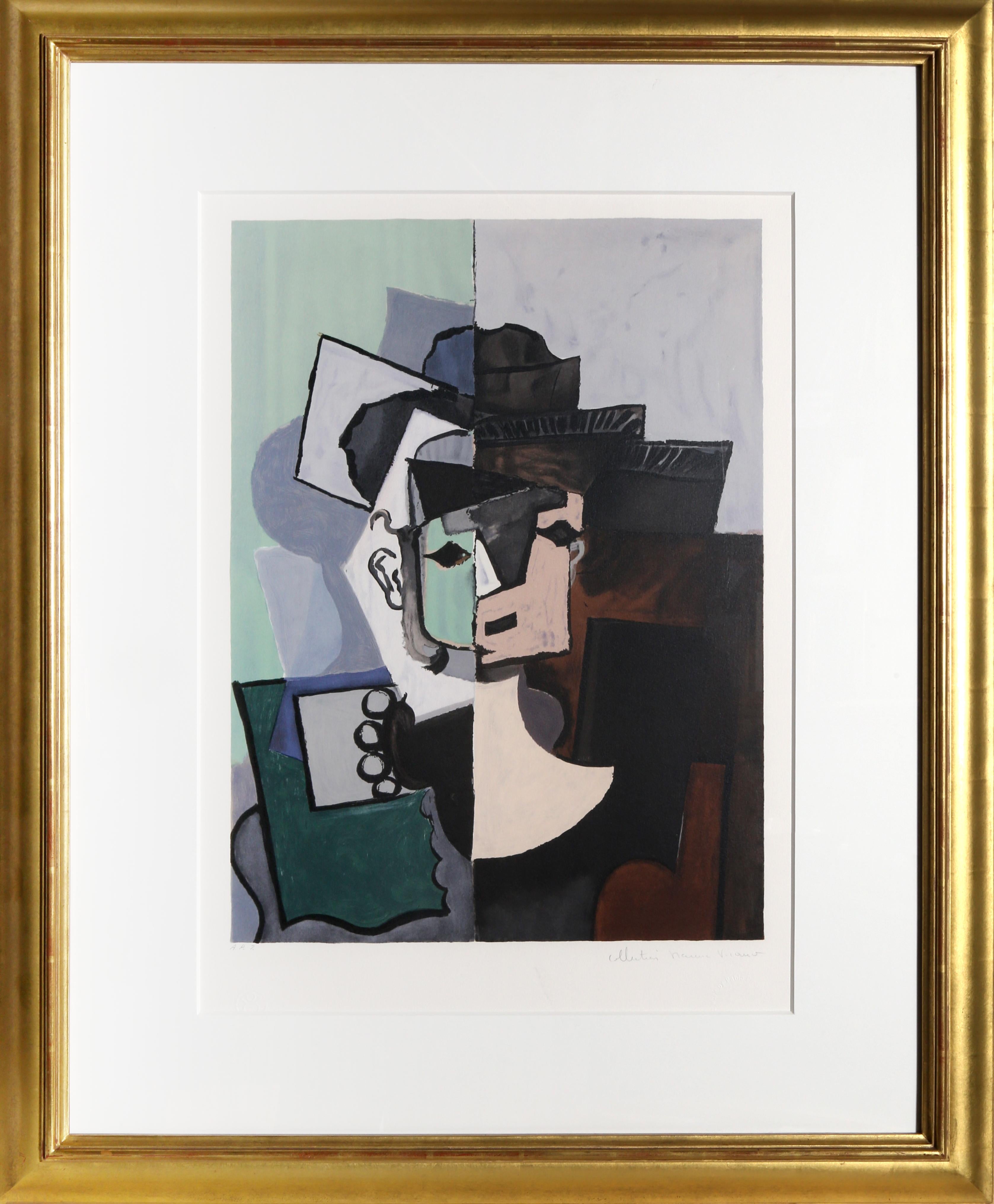 Ritratto di volto su fondale rosa e nero, litografia cubista di Pablo Picasso (after) Pablo Picasso