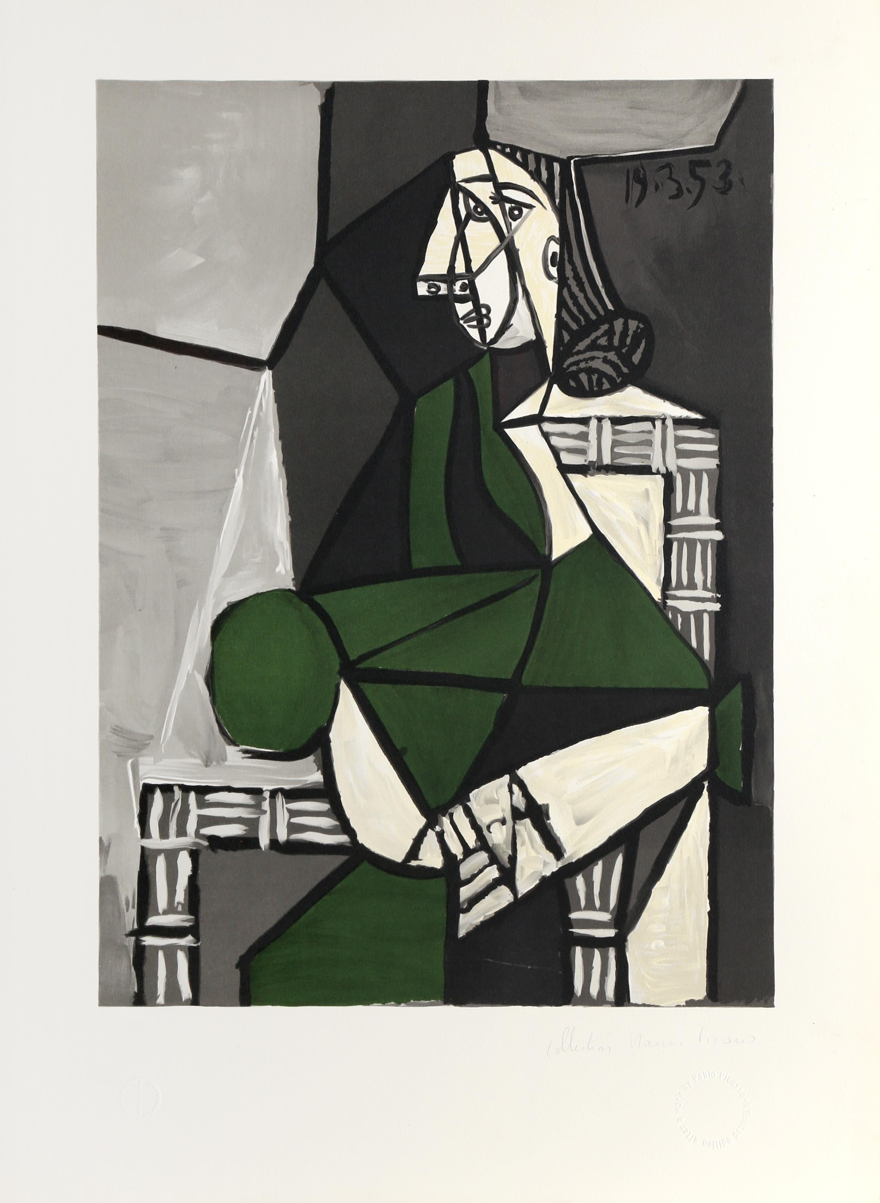 Sitting in a chair and wearing a green dress, the woman in this Pablo Picasso print is reduced to a series of geometric shapes. Her figure is fragmented into triangles and quadrilaterals with sharp angles, the portrayal of the woman is evocative of
