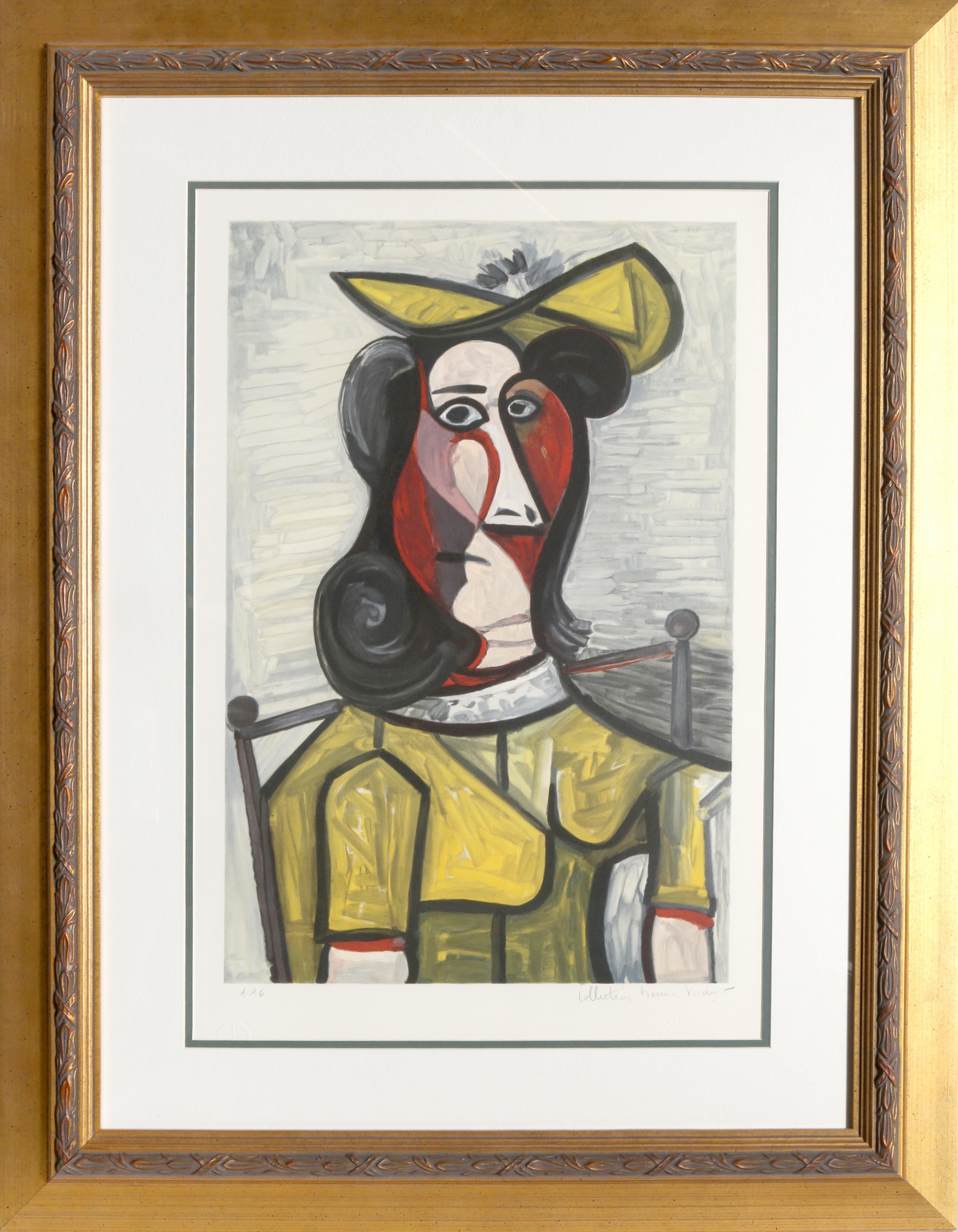A lithograph from the Marina Picasso Estate Collection after the Pablo Picasso painting "Portrait de Femme au Chapeau et a la Robe Vert Jaune".  The original painting was completed in 1943. In the 1970's after Picasso's death, Marina Picasso, his