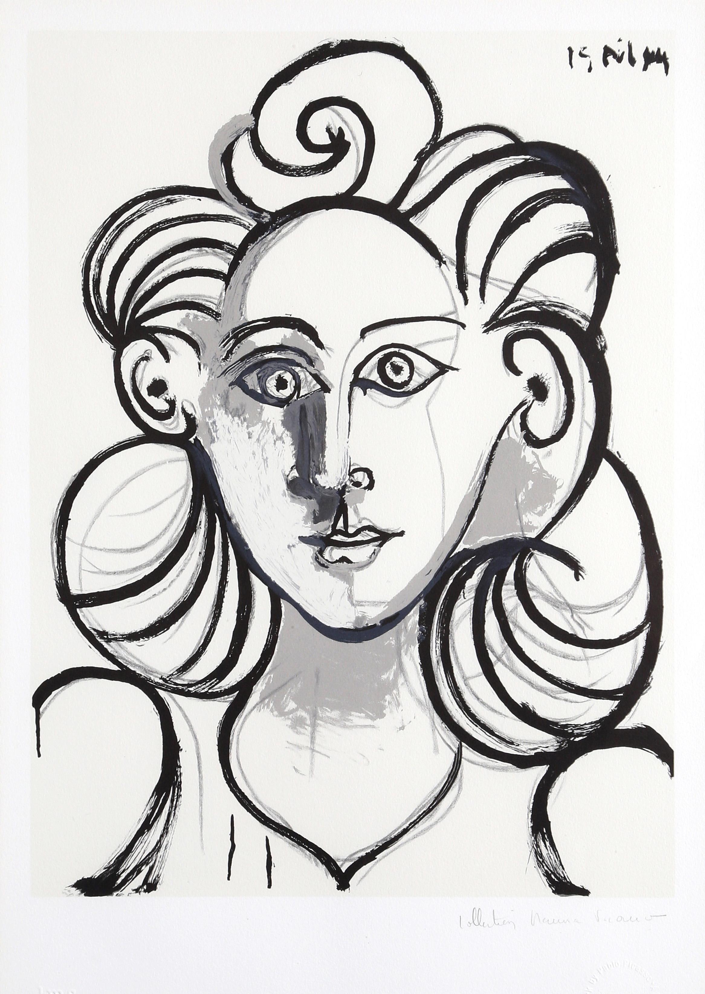This Pablo Picasso print features the head and shoulders of a woman posing for a portrait. With the integration of the solid, sweeping lines, the artist draws attention to the figure's hair and shoulders while using more subtle shading for the