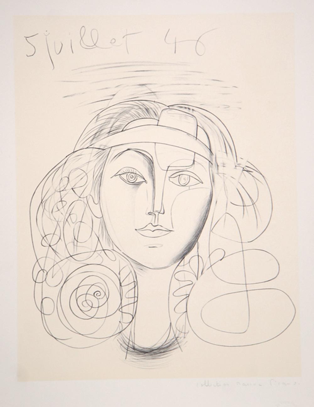 Facing the viewer, this likeness of a female figure in this print by Pablo Picasso features several key emblems of Cubism. Represented as a disbodied head, the face of the woman features several different views, angles, and perspectives within it.