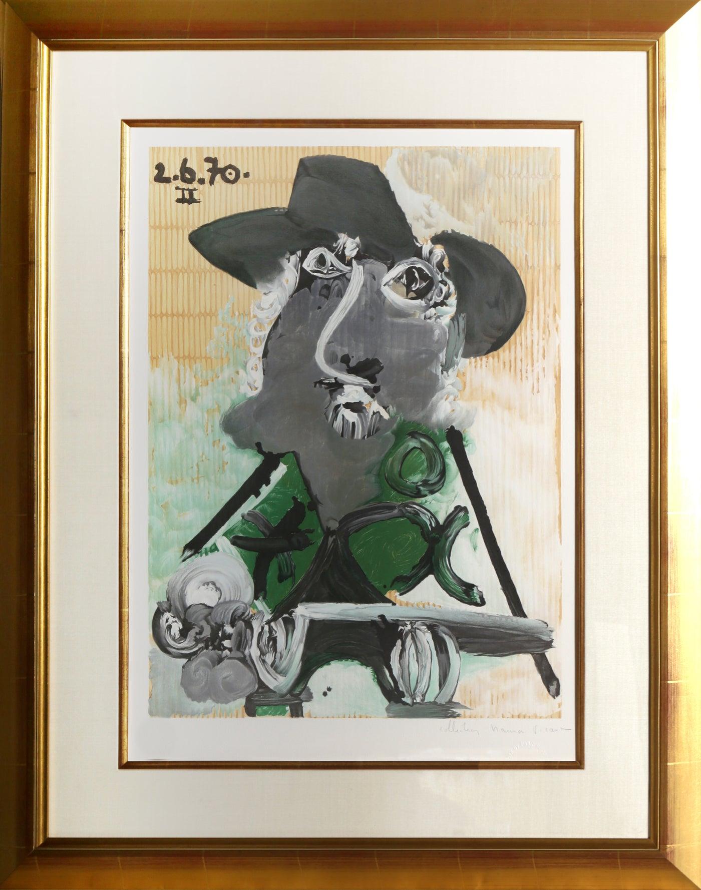 A lithograph from the Marina Picasso Estate Collection after the Pablo Picasso painting "Portrait d'Homme au Chapeau".  The original painting was completed in 1970. In the 1970's after Picasso's death, Marina Picasso, his granddaughter, authorized