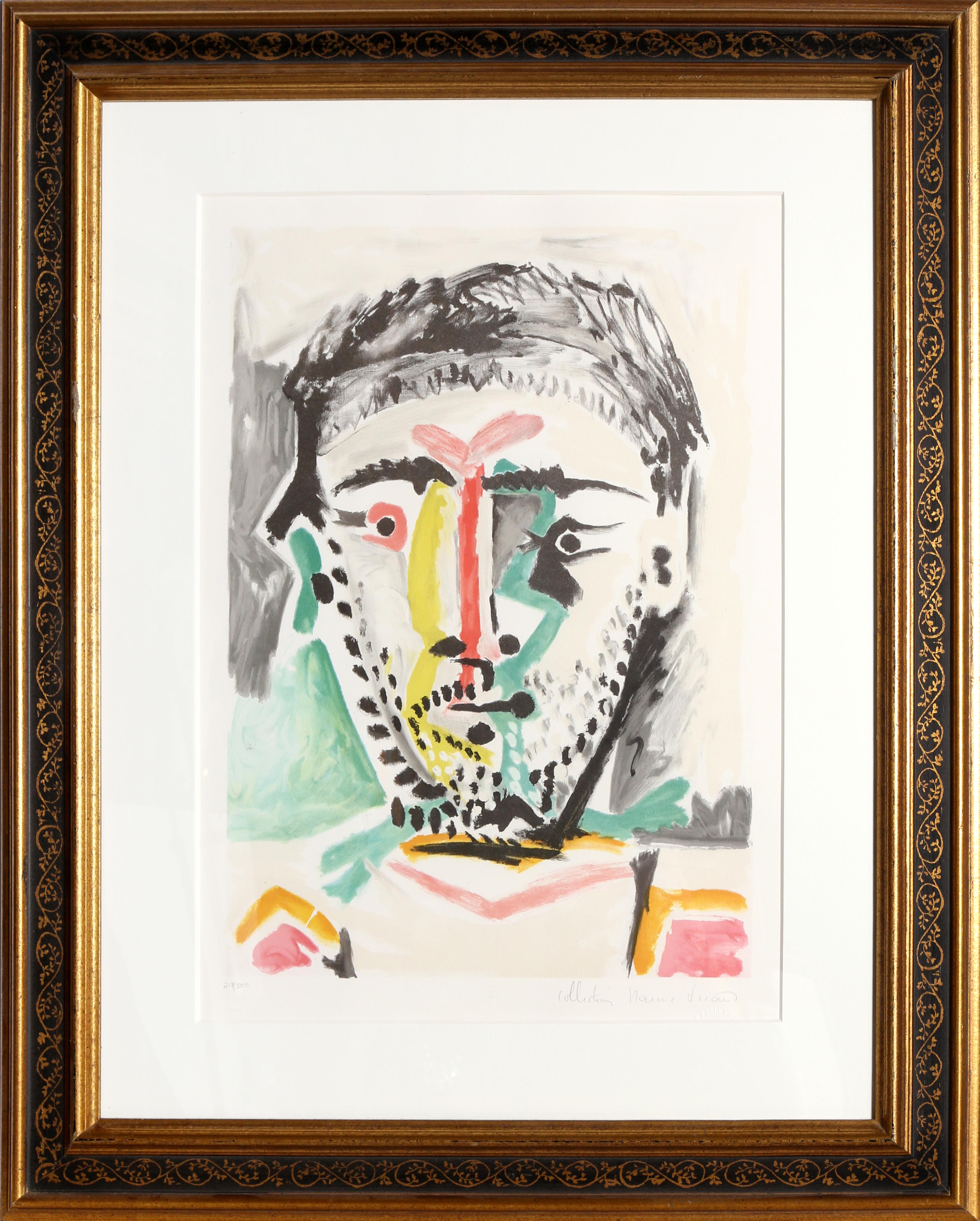 This fragmented portrait of a painter by Pablo Picasso features bright, bold colors and relies on visible brushstrokes to show the figure of the man instead of the geometric shapes and rigid angles commonly found in his Cubist work. A lithograph