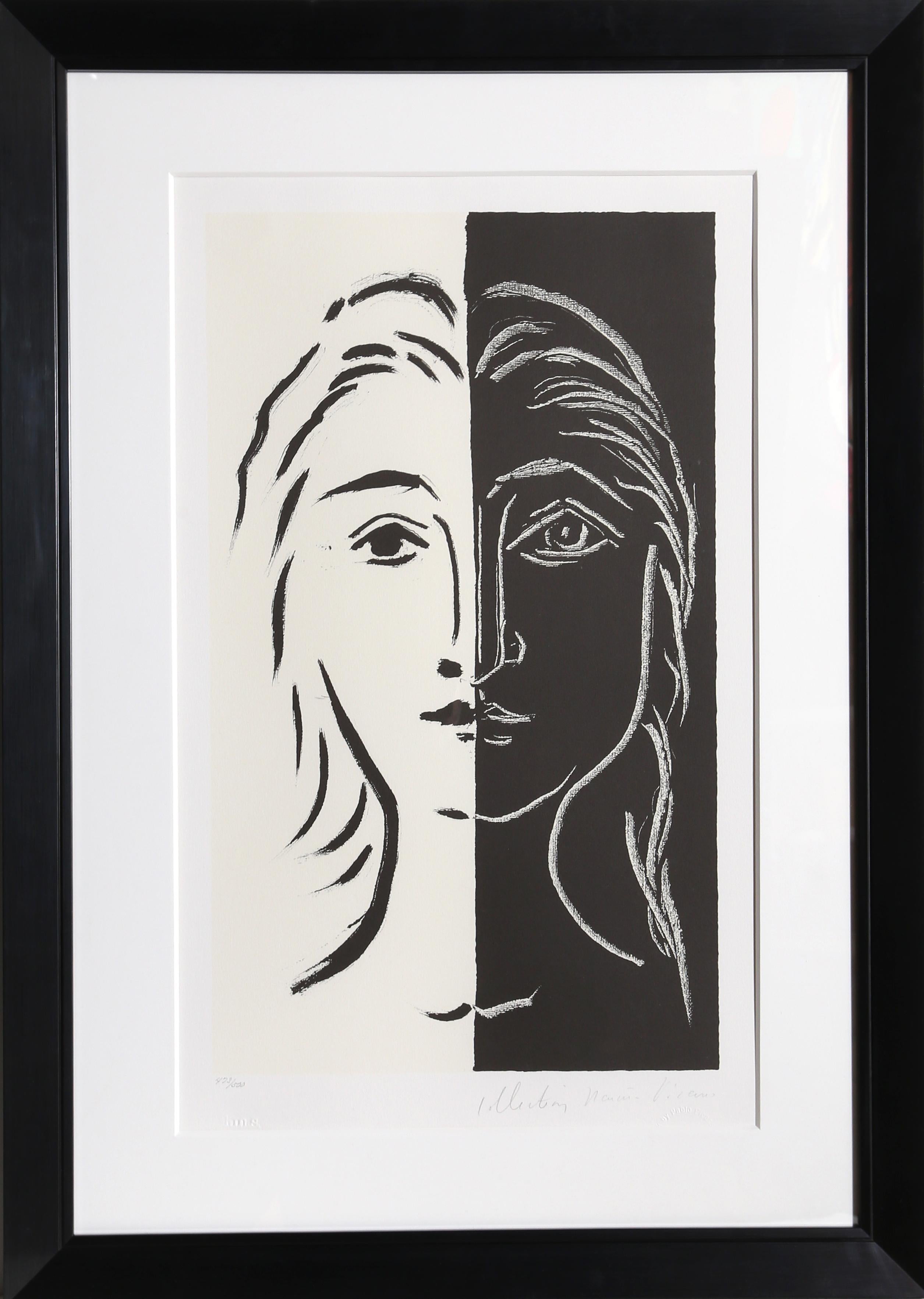 A lithograph from the Marina Picasso Estate Collection after the Pablo Picasso painting "Portrait en Deux Parties Noire et Blanche".  The original painting was completed in 1924. In the 1970's after Picasso's death, Marina Picasso, his