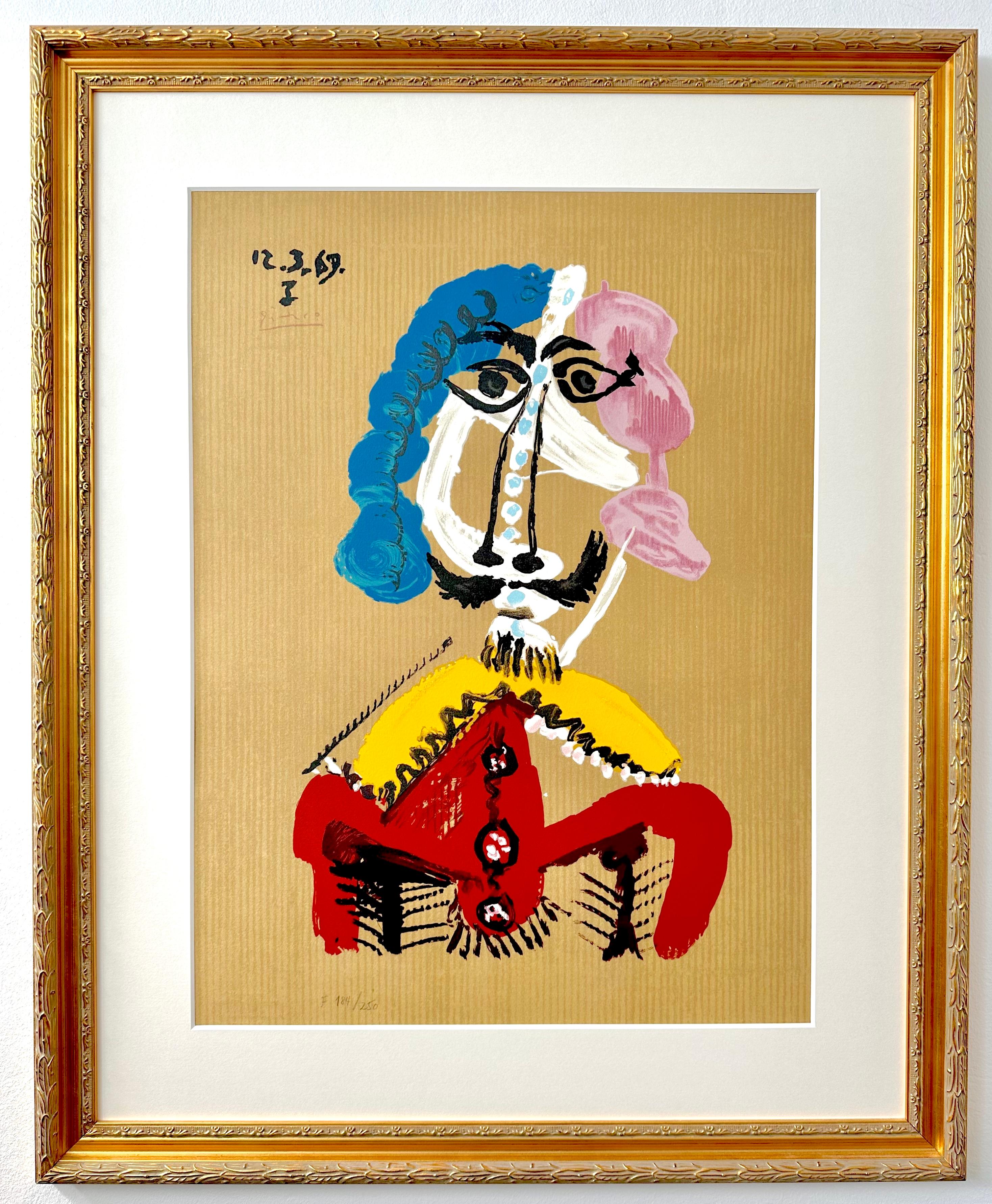 Pablo Picasso – Portrait Imaginaires 12.3.69 I
Color lithograph from the serie ‘Portraits Imaginaires’
Published by Georges Salinas, 1970
Edition: 250 for France (F) and 250 for America (A)
Signed in the stone, numbered (F 184/ 250) in pencil
Image: