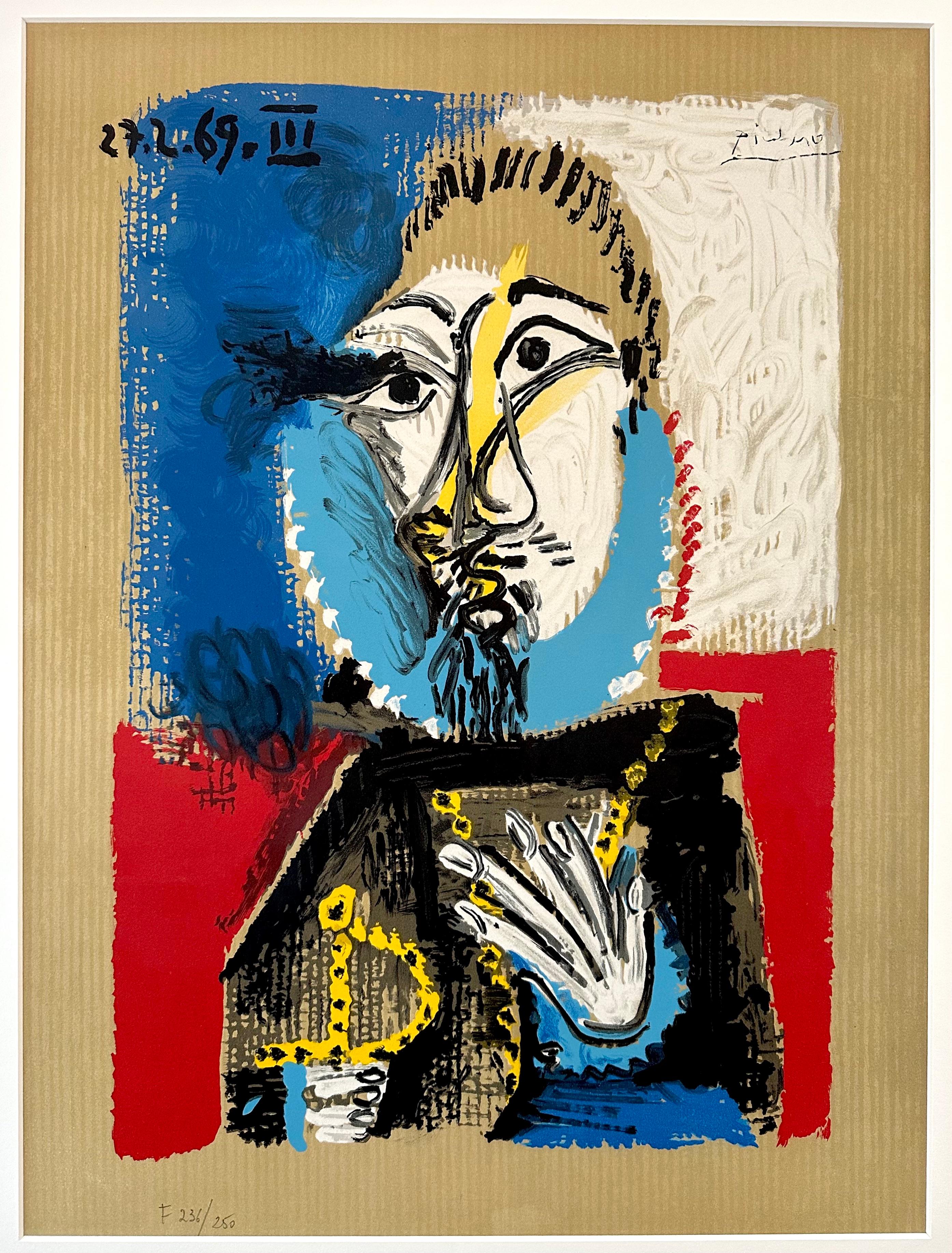 Pablo Picasso - Portrait Imaginaires 27.3.69 III
Lithographie en couleur de la série 'Portraits Imaginaires'.
Publié par Georges Salinas, 1970.
Edition : 250 pour la France (F) et 250 pour l'Amérique (A).
Signé dans la pierre, numéroté (236/ 250) au