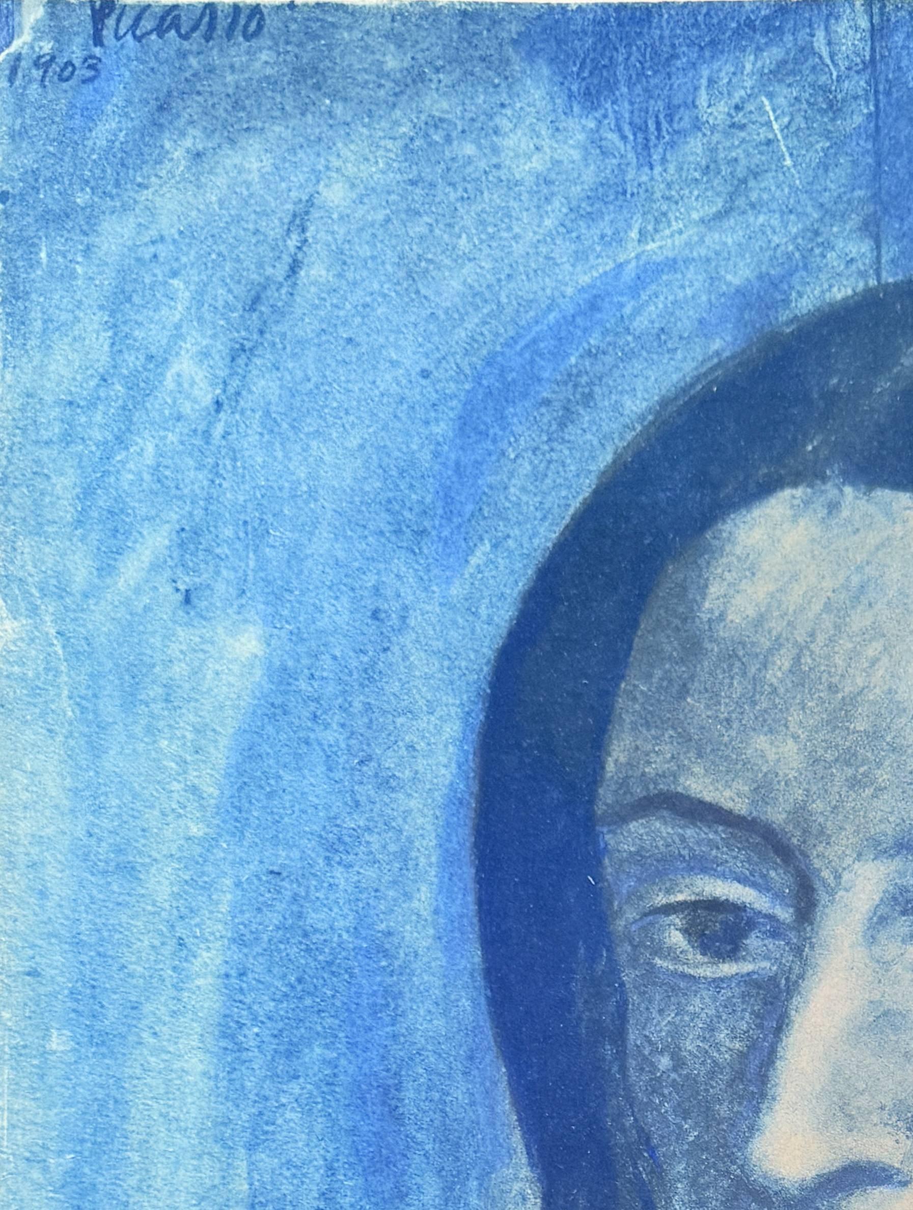 Pablo Picasso (1881-1973) - Portrait mélancolique d'une femme en bleu

Pochoir de 1961.

L'édition : 442/500 écrit au crayon.

Dimensions de l'œuvre : 53,8 x 41,5 cm

Éditeur : Au Vent d'Arles, Paris.

Taille de l'image : 50 x 37 cm

L'œuvre est en