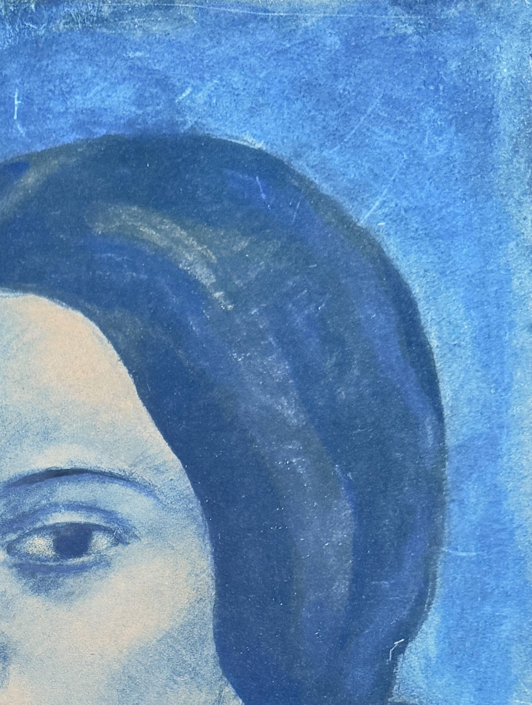 Portrait mélancolique d'une femme en bleu en vente 1