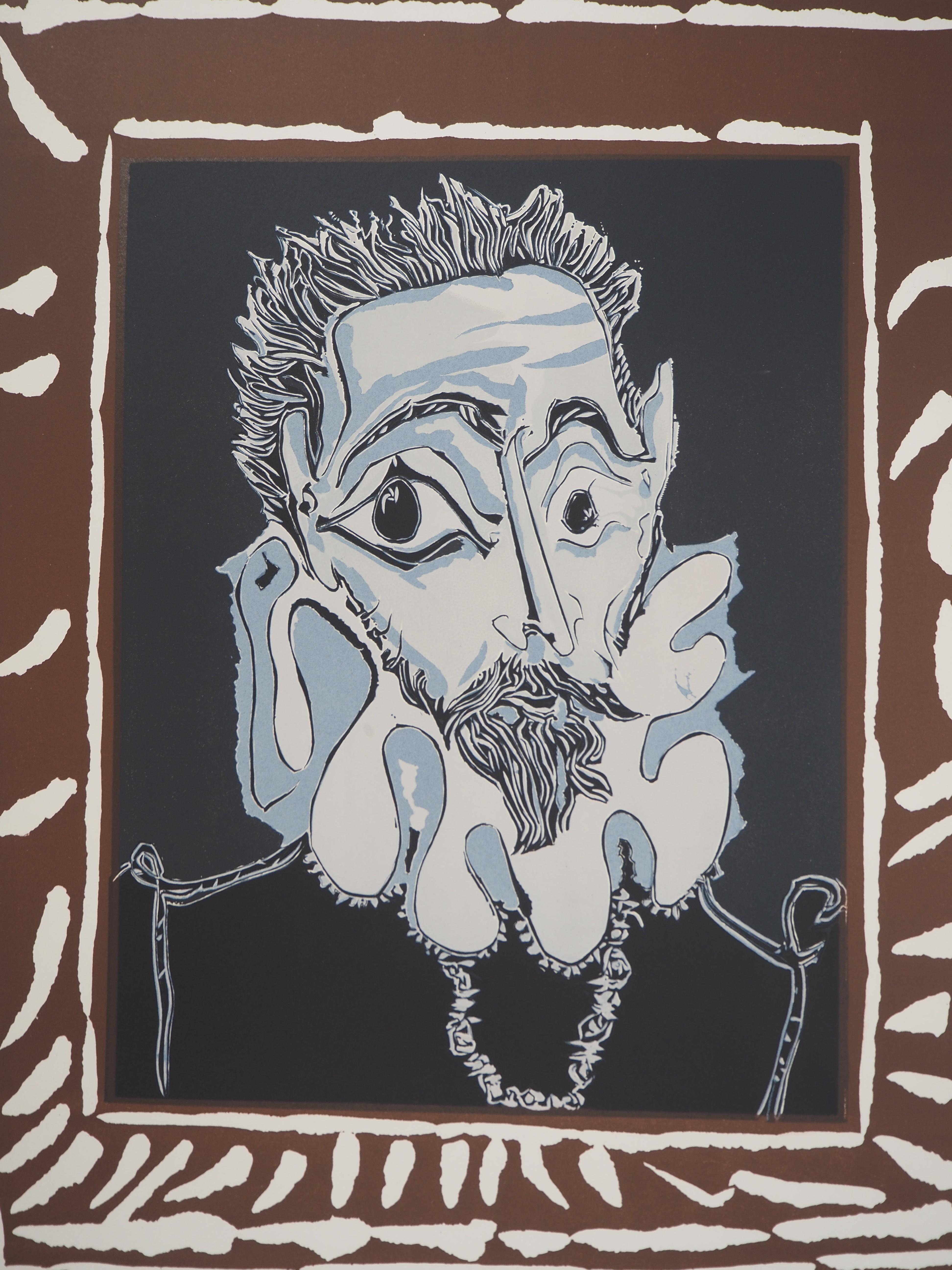 Portrait d'un homme inspiré par le Greco - Lithographie (Mourlot) - Gris Portrait Print par Pablo Picasso