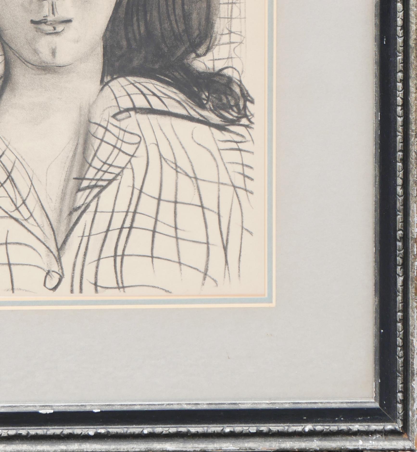 Modern black and white print of a dark haired woman by the renowned Spanish artist Pablo Picasso. The work features a central female figure, his wife Jacqueline Roque who he married in 1961, wearing a checkered shirt. Signed within the print in the
