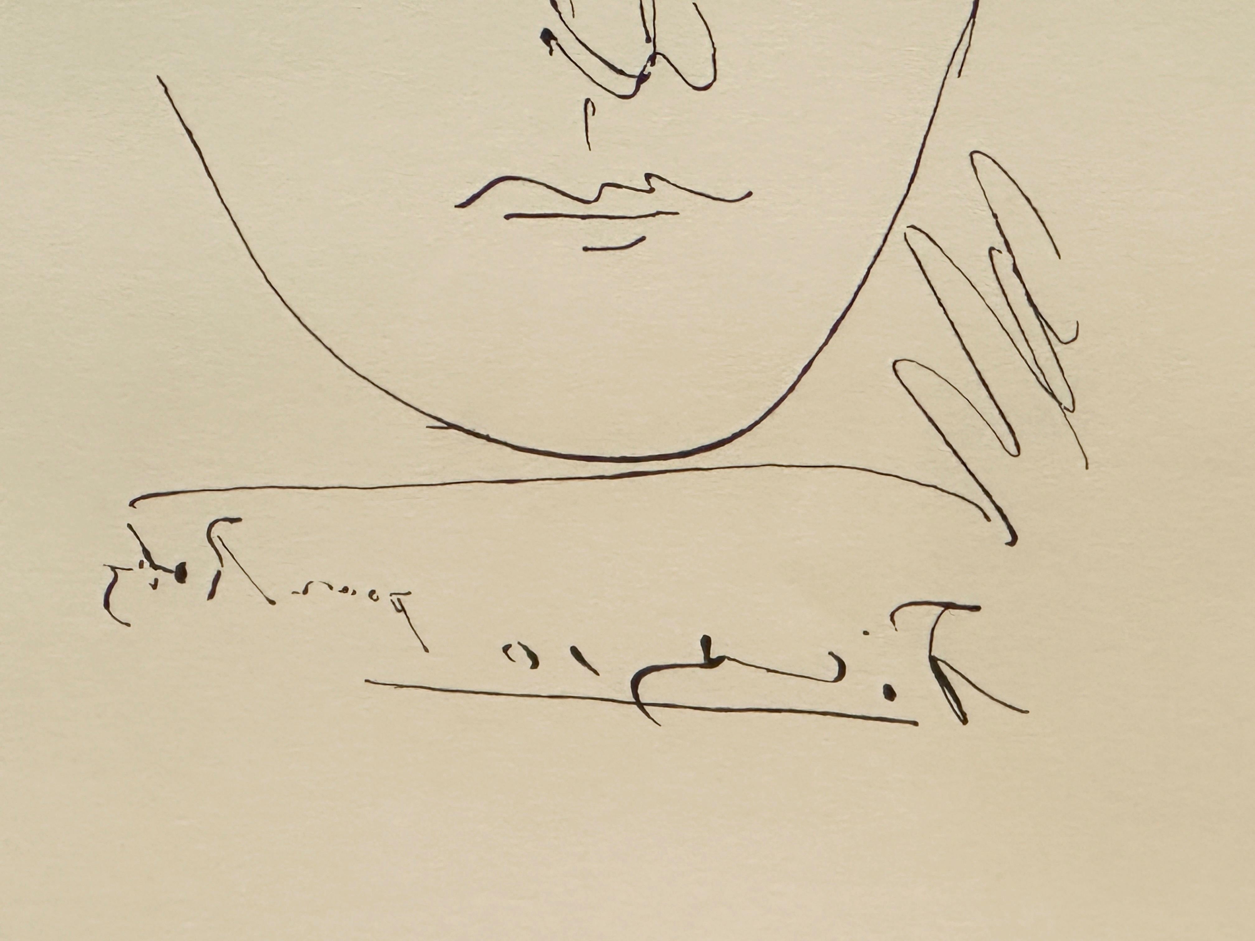 Applying a precious quality to the limitation of line, Picasso has captured the character of a close friend: Robert Godet, also known as Roby. 
Picasso initially drew this portrait for his friend. He later etched the portrait onto a printing plate