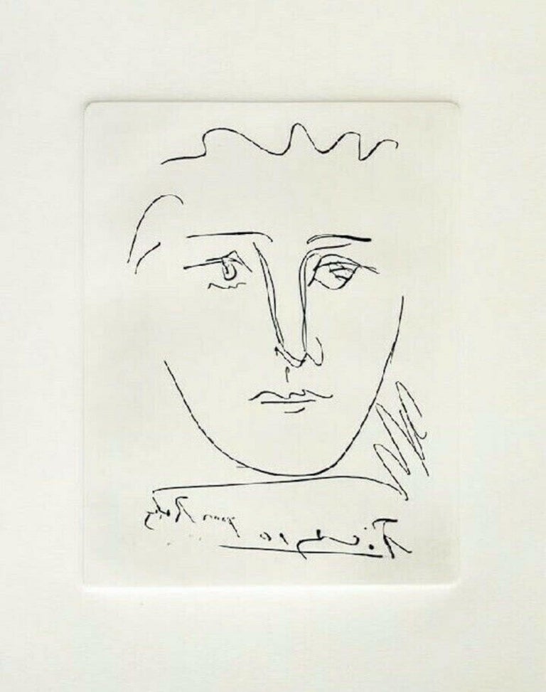Artist: Pablo Picasso (1881-1973)
Title: Pour Roby (L’Age de Soleil) 
Year: 1969
Medium: Etching on Arches paper
Size: 12.875 x 10 inches
Condition: Excellent
Catalogue: Bloch 680
Unnumbered and edition size is unknown as issued.
Inscription: Signed