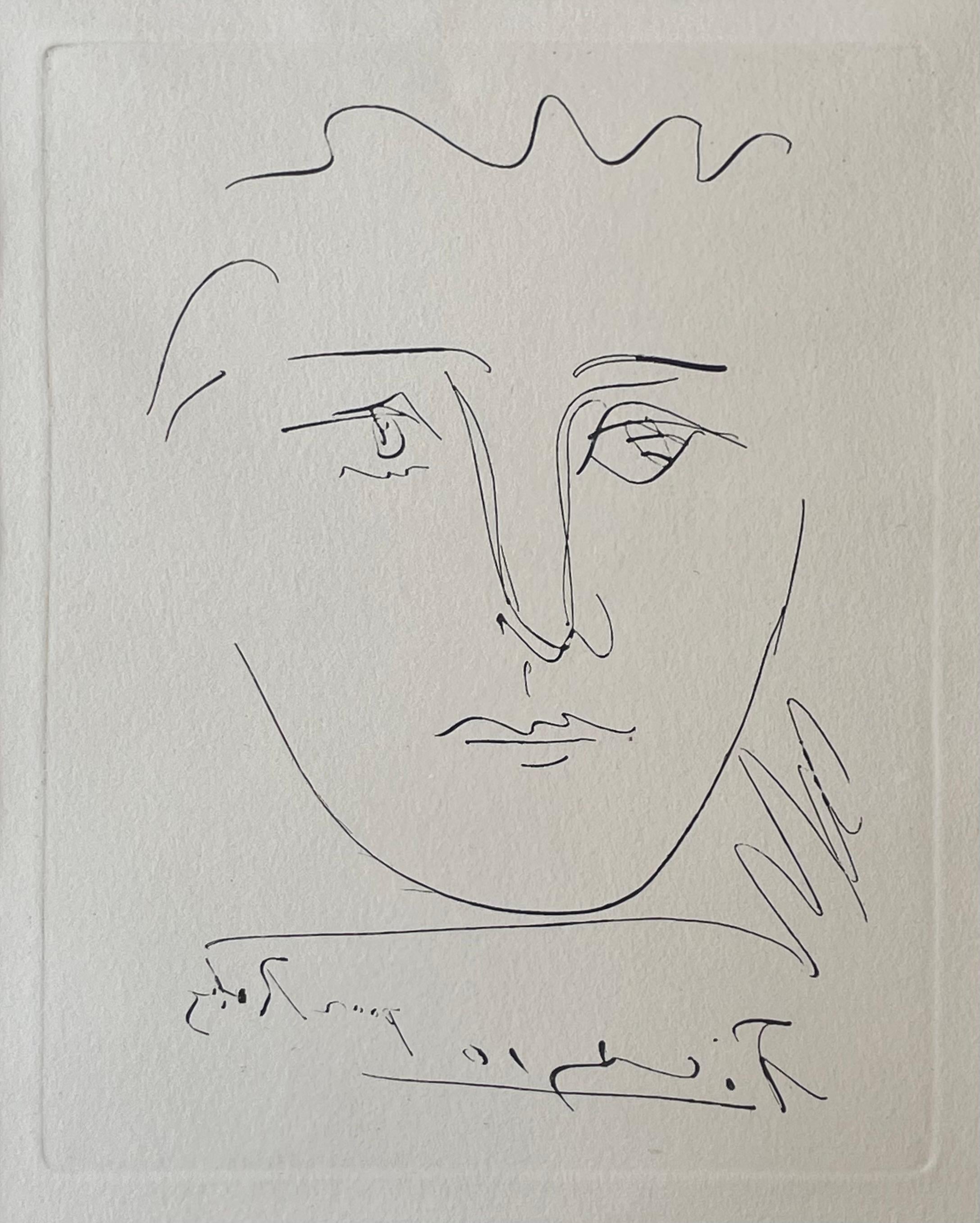 This is an original etching by Pablo Picasso and was created in 1950 for his friend, the author Robert Godet. It was reproduced in his book 'L'Age de Soleil'. 

This work is printed on Arches paper.
Image size: 36.2 x 28.5cm
Frame size: 50 x
