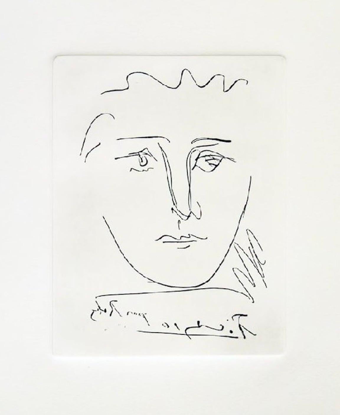 Very little need to be said of the legendary Picasso. This original Etching "Pour Roby" (For Roby) is a classic example of his genius.  Picasso originally drew this portrait for a friend, author Robert Godet, also known as Roby. He later etched the