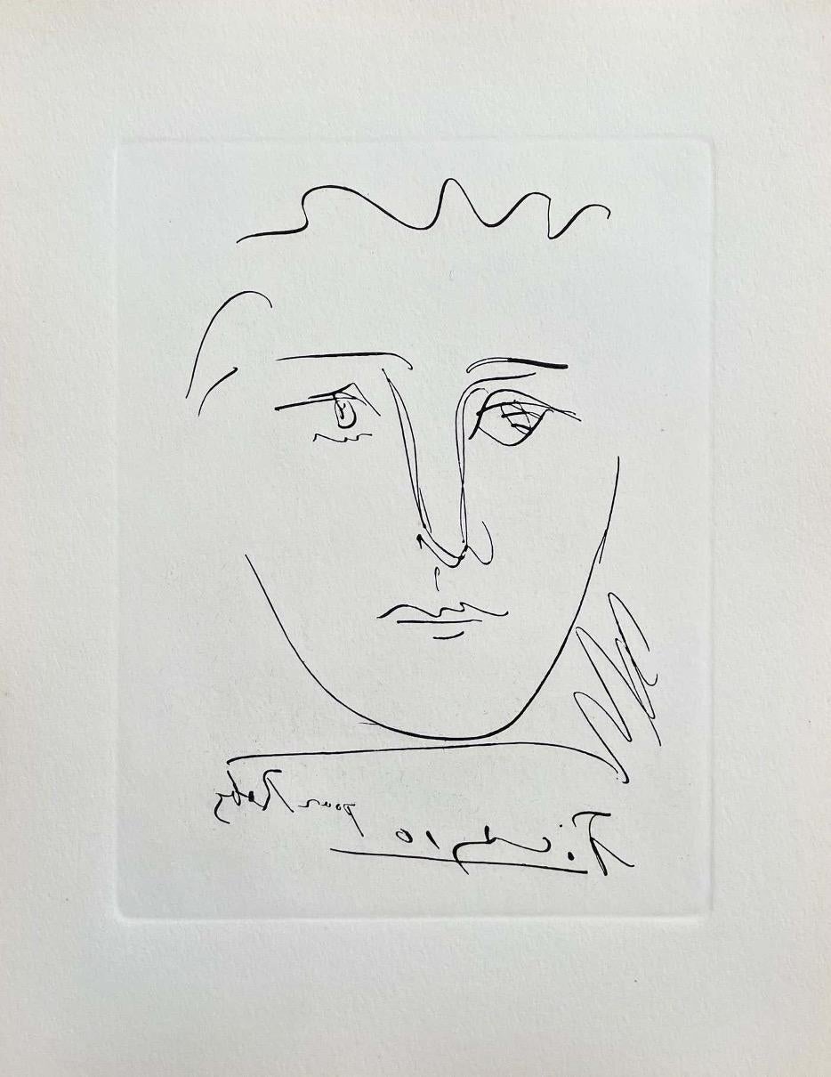 Über den legendären Picasso braucht man nicht viel zu sagen. Diese Original-Radierung "Pour Roby" (Für Roby) ist ein klassisches Beispiel für sein Genie. Picasso zeichnete dieses Porträt ursprünglich für einen Freund, den Schriftsteller Robert