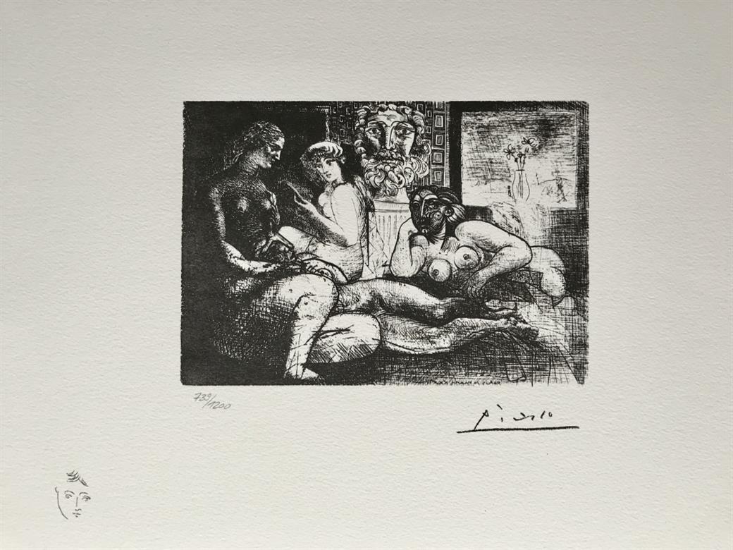 Quatre femmes nues et tête sculptée (Suite Vollard Planche LXXXII) - Contemporary Print by Pablo Picasso