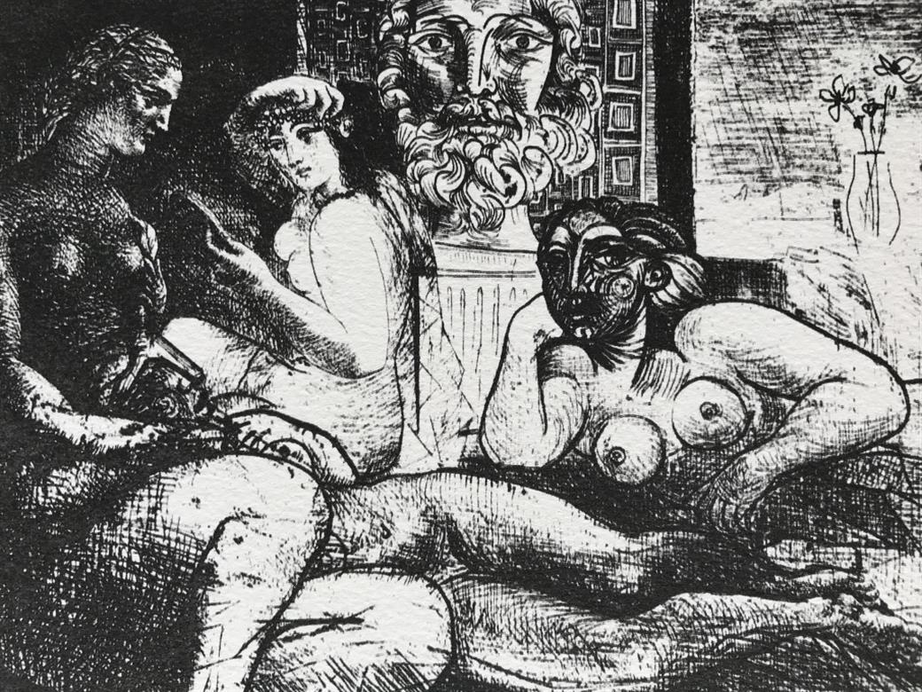 Pablo Picasso Portrait Print - Quatre femmes nues et tête sculptée (Suite Vollard Planche LXXXII)