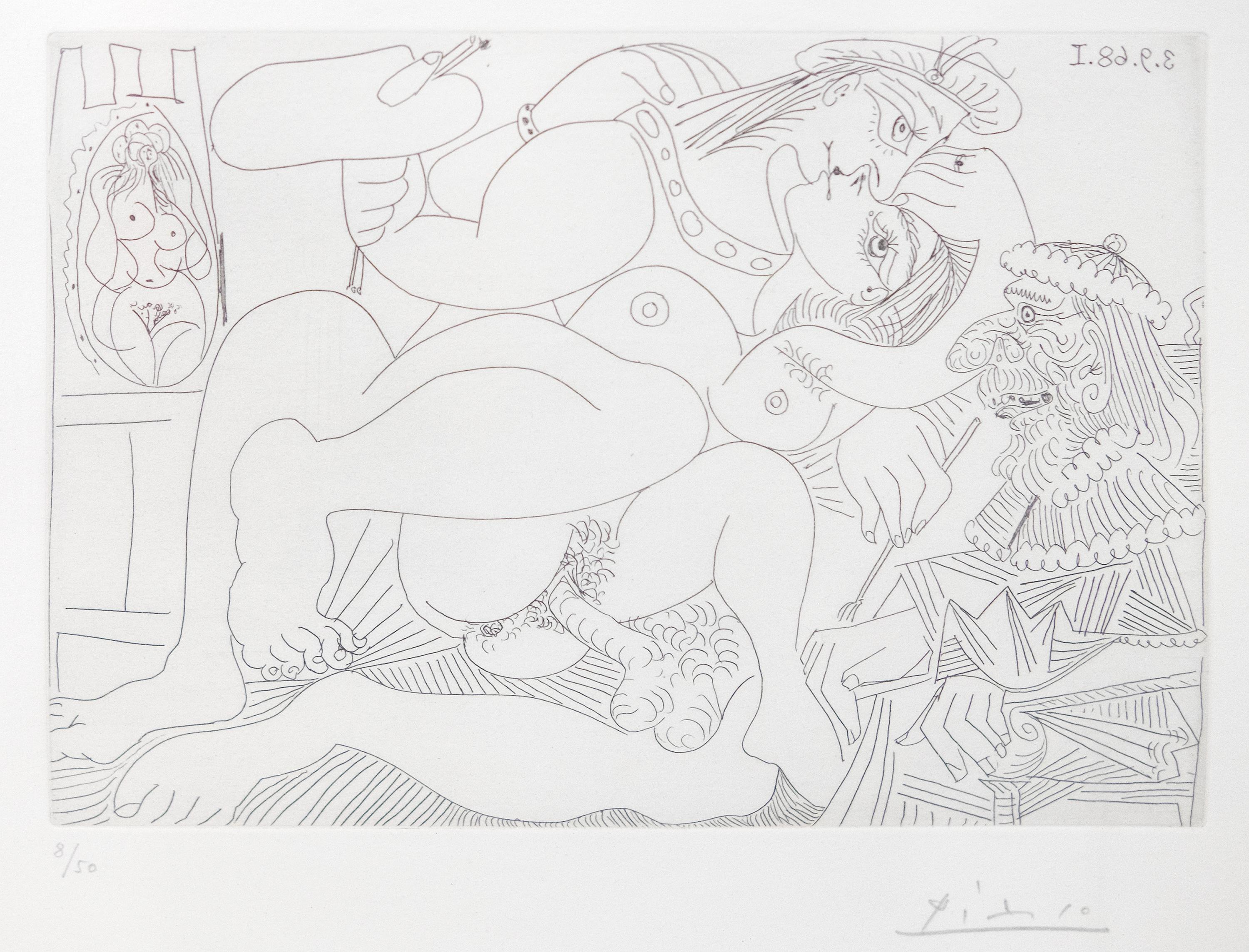 Raphaël et la Fornarina XIII: Dans son fauteuil, le Pape en tire la langue, pl.3 - Print by Pablo Picasso