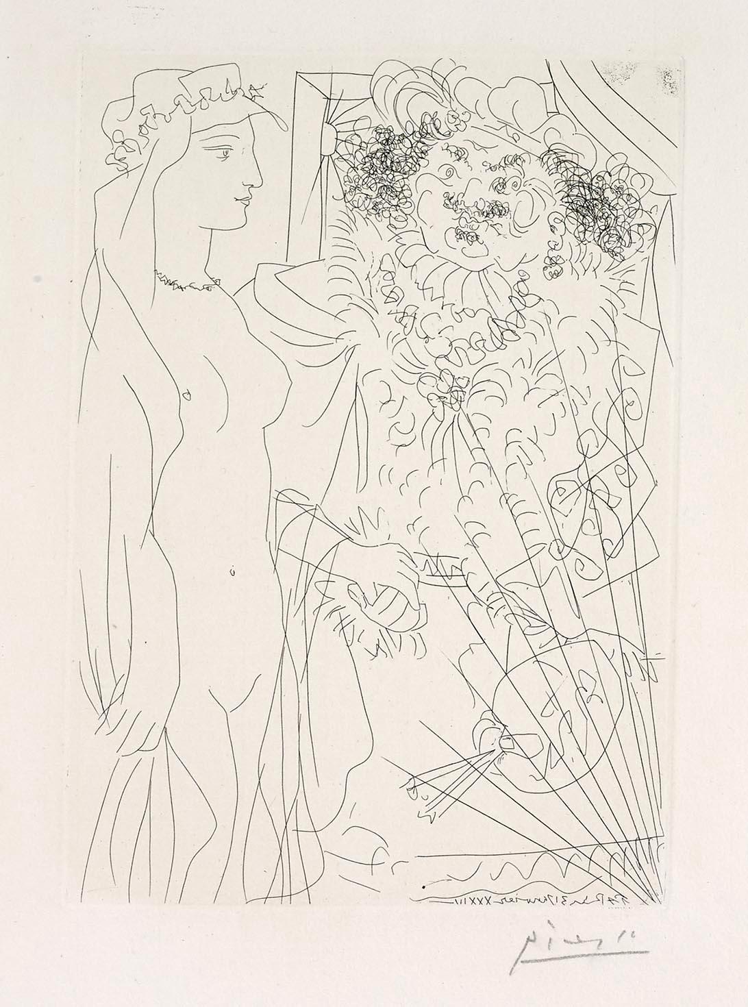 Pablo Picasso Figurative Print - Rembrandt and Woman in a Veil, 1934  (Vollard Suite, B.214)