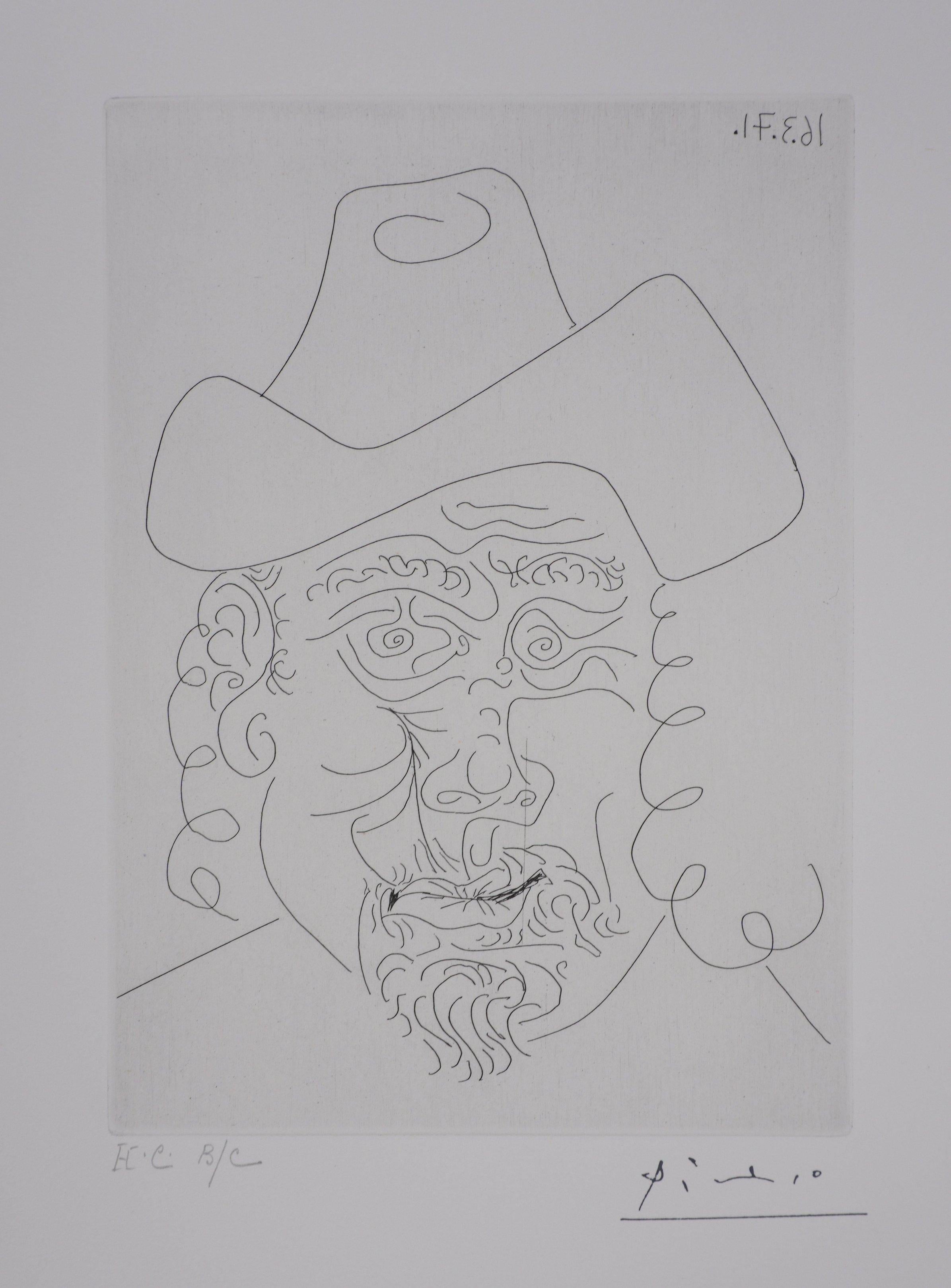 Rembrandt avec un chapeau mou - Gravure originale, signée (Baer #1950B) - Cubisme Print par Pablo Picasso