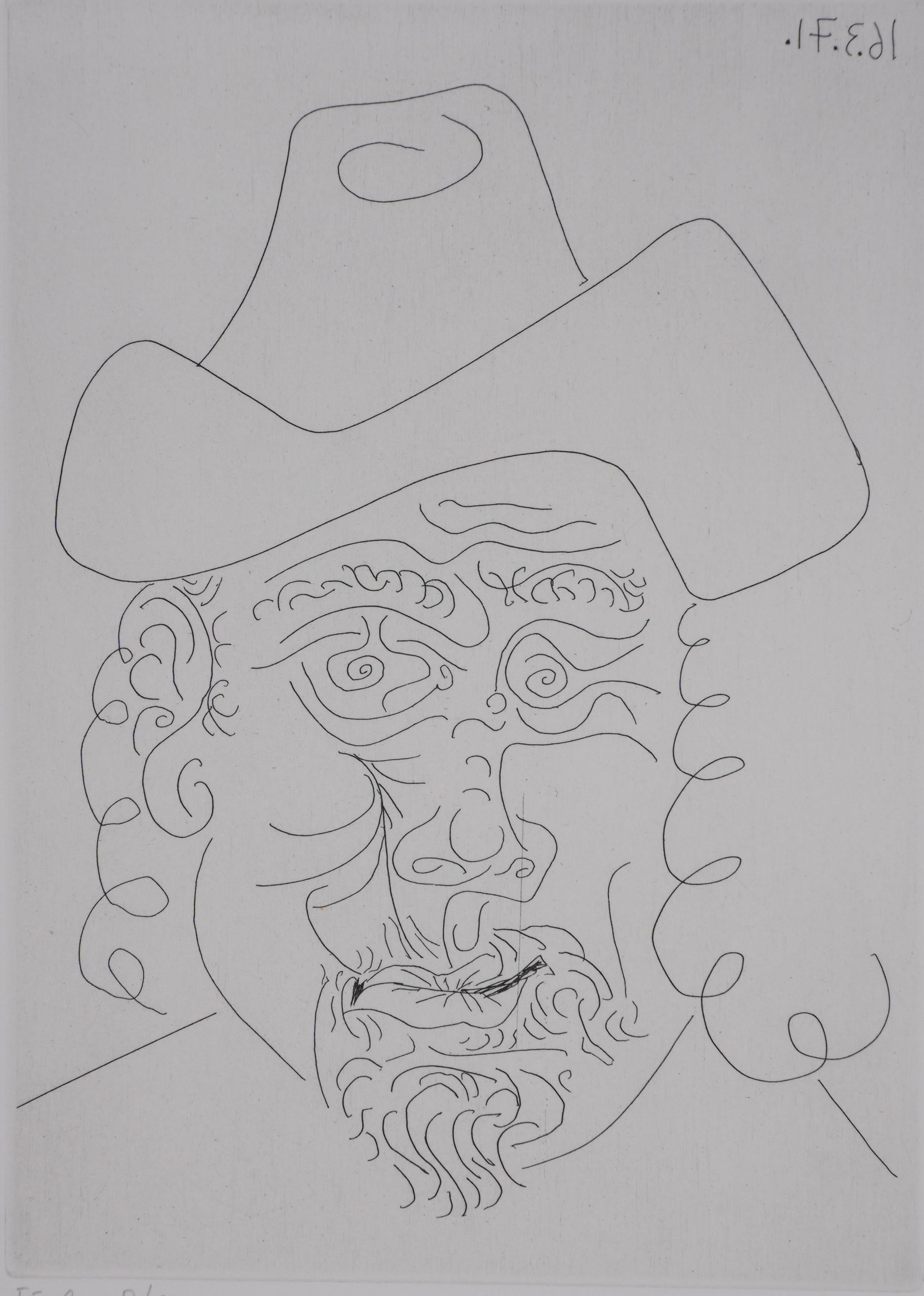 Rembrandt avec un chapeau mou - Gravure originale, signée (Baer #1950B) - Gris Portrait Print par Pablo Picasso