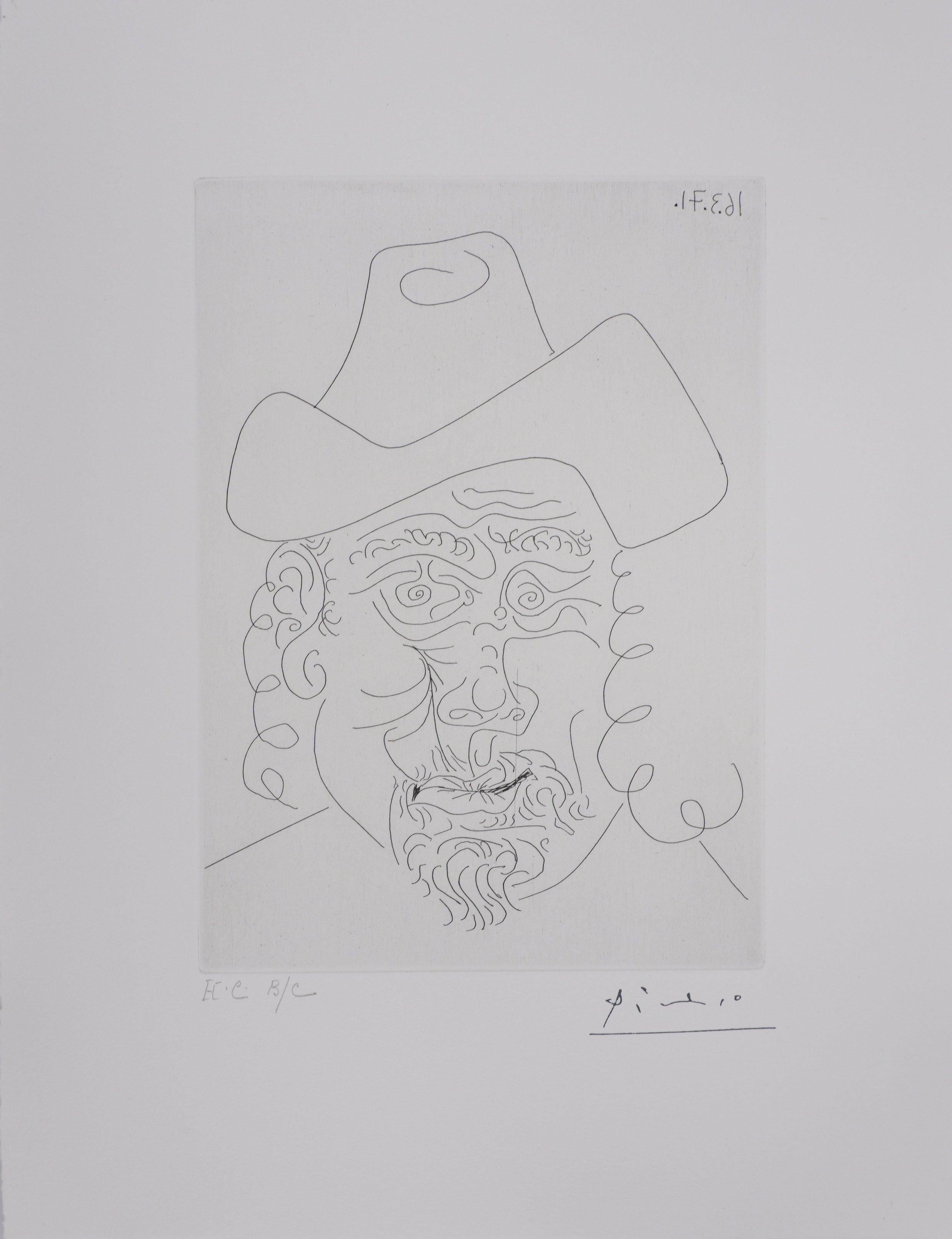 Portrait Print Pablo Picasso - Rembrandt avec un chapeau mou - Gravure originale, signée (Baer #1950B)