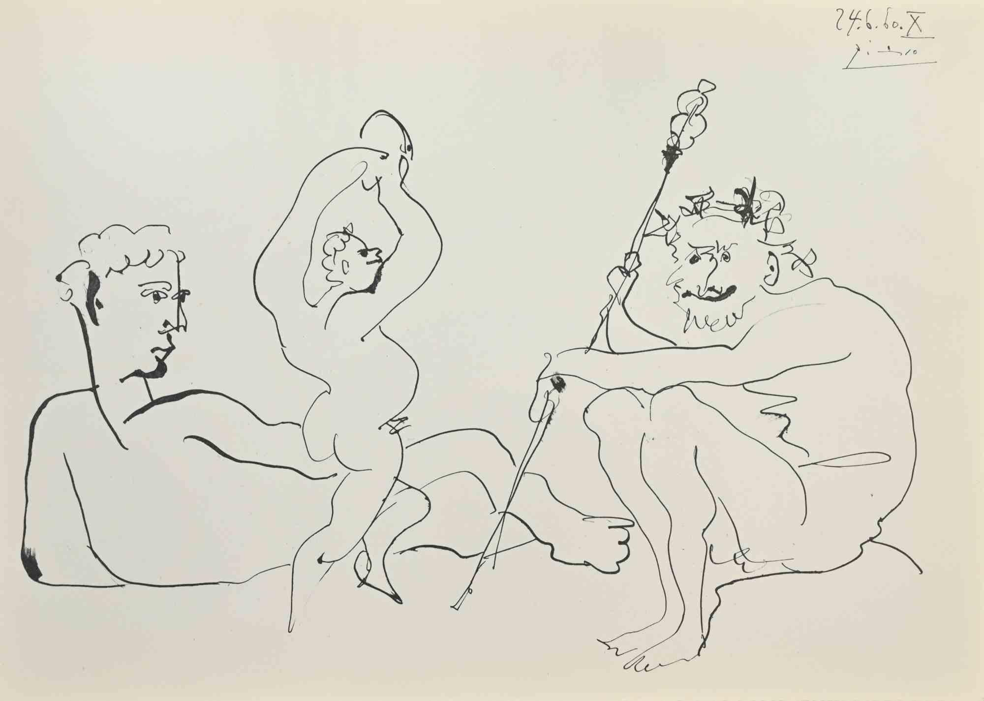 Scène Bachique is an artwork realized after Pablo Picasso (Malaga, 1881 - Mougins, 1973) in 1960.

Phototype print.

Dated, 24.06.60, and signed on the plate.

Good condition.

Pablo Picasso, pseudonym of Pablo Diego José Francisco de Paula Juan