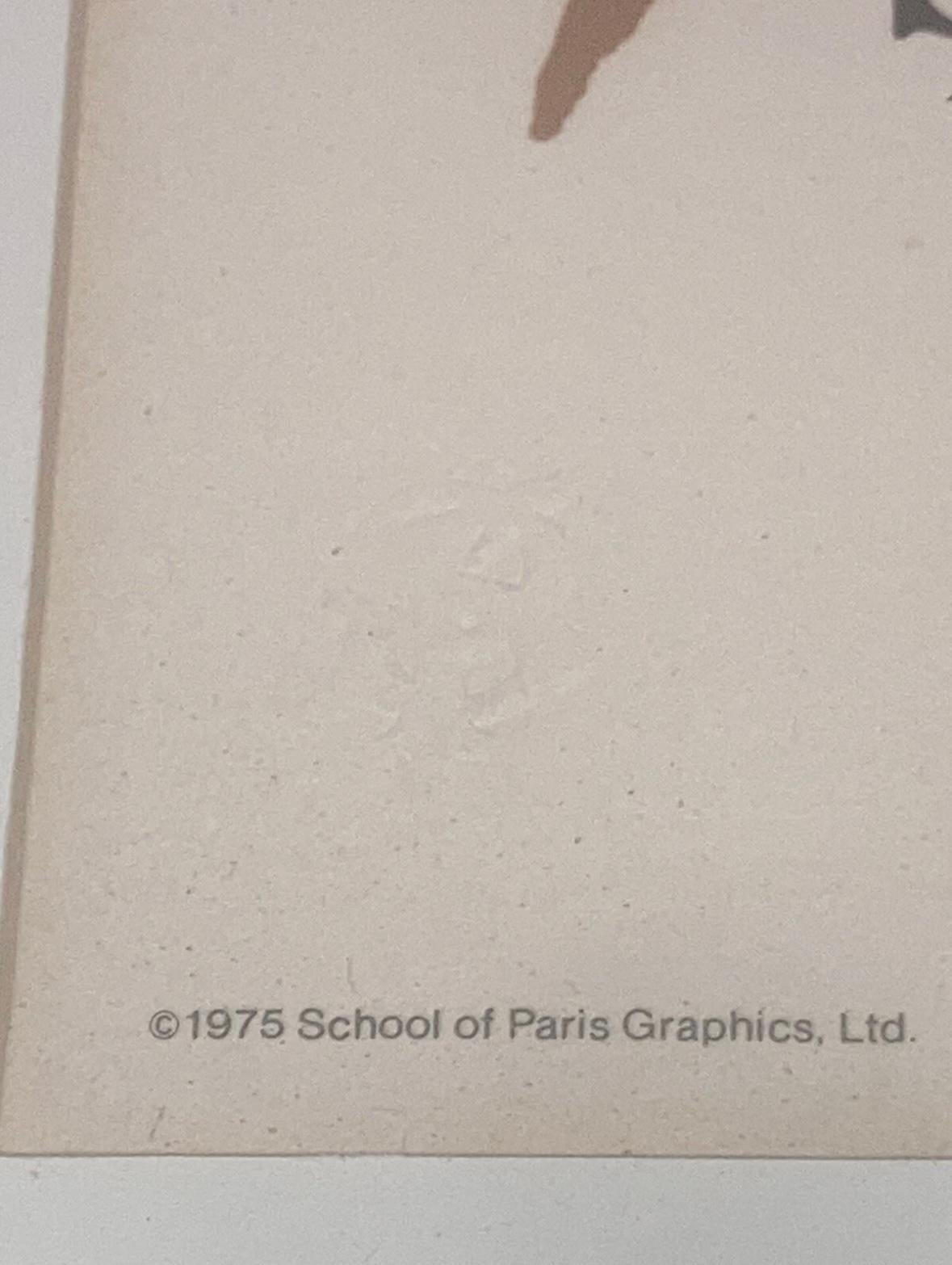 Il s'agit d'une affiche lithographique de l'exposition PICASSO School of Paris '75 W/Raised Seal. En bon état quelques légères usures du cadre mesure 38x29