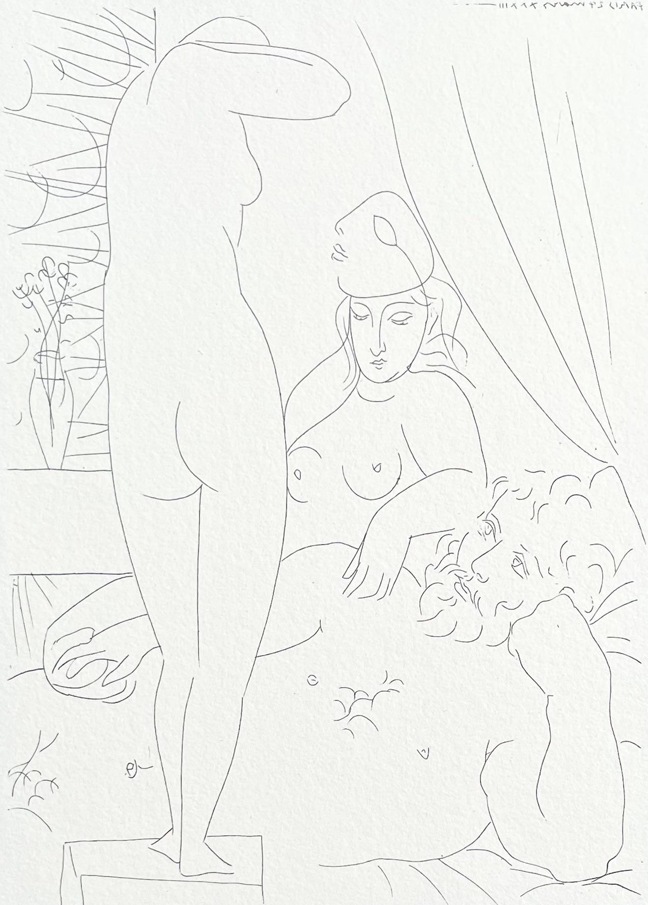 Pablo Picasso Nude Print - Picasso, Sculpteur au Repos avec Modèle démasqué et sa Représentation (after)
