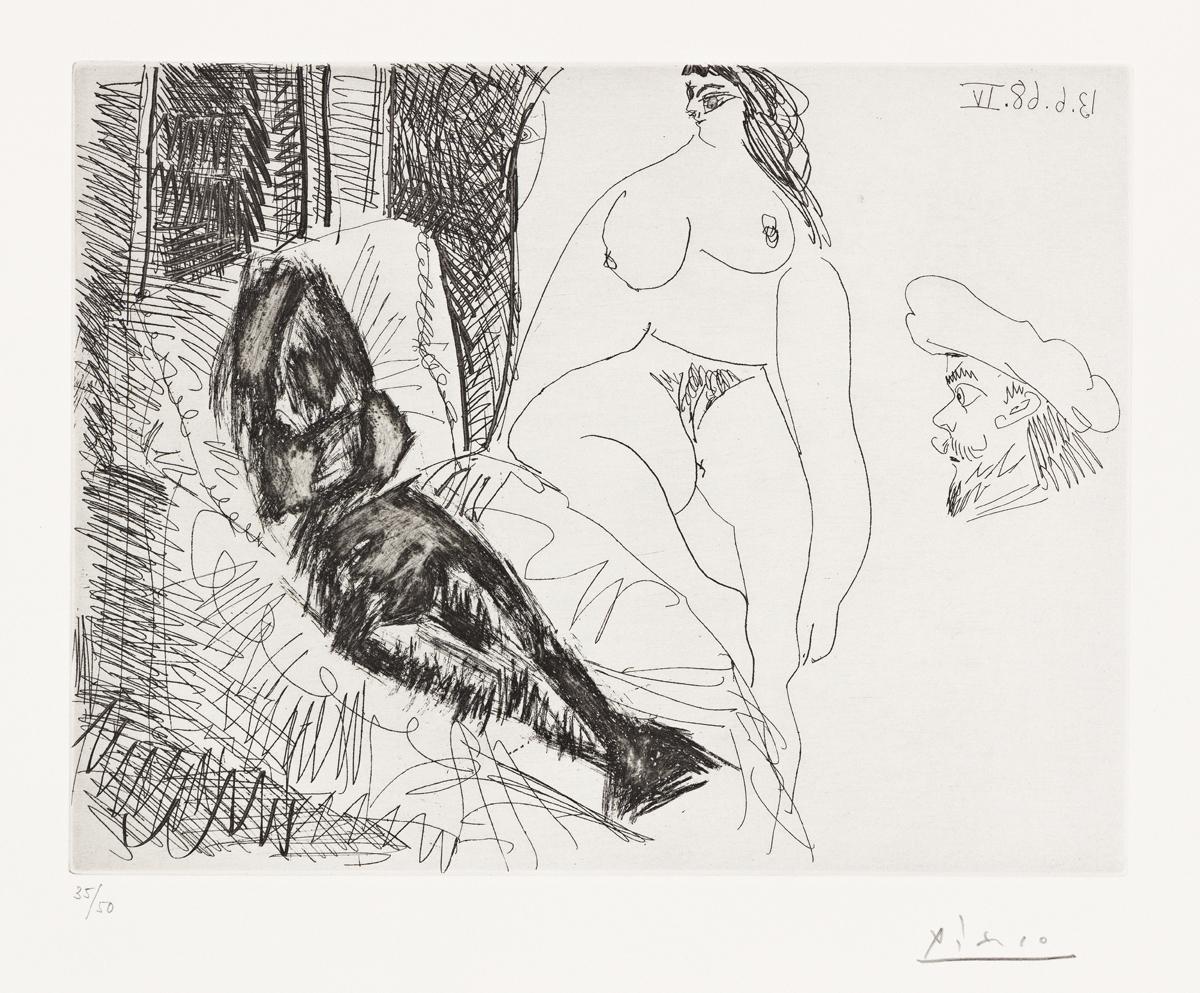 Pablo Picasso Nude Print - Series 347: Plate 322 Jeune femme au lit, Célestine et gentilhomme