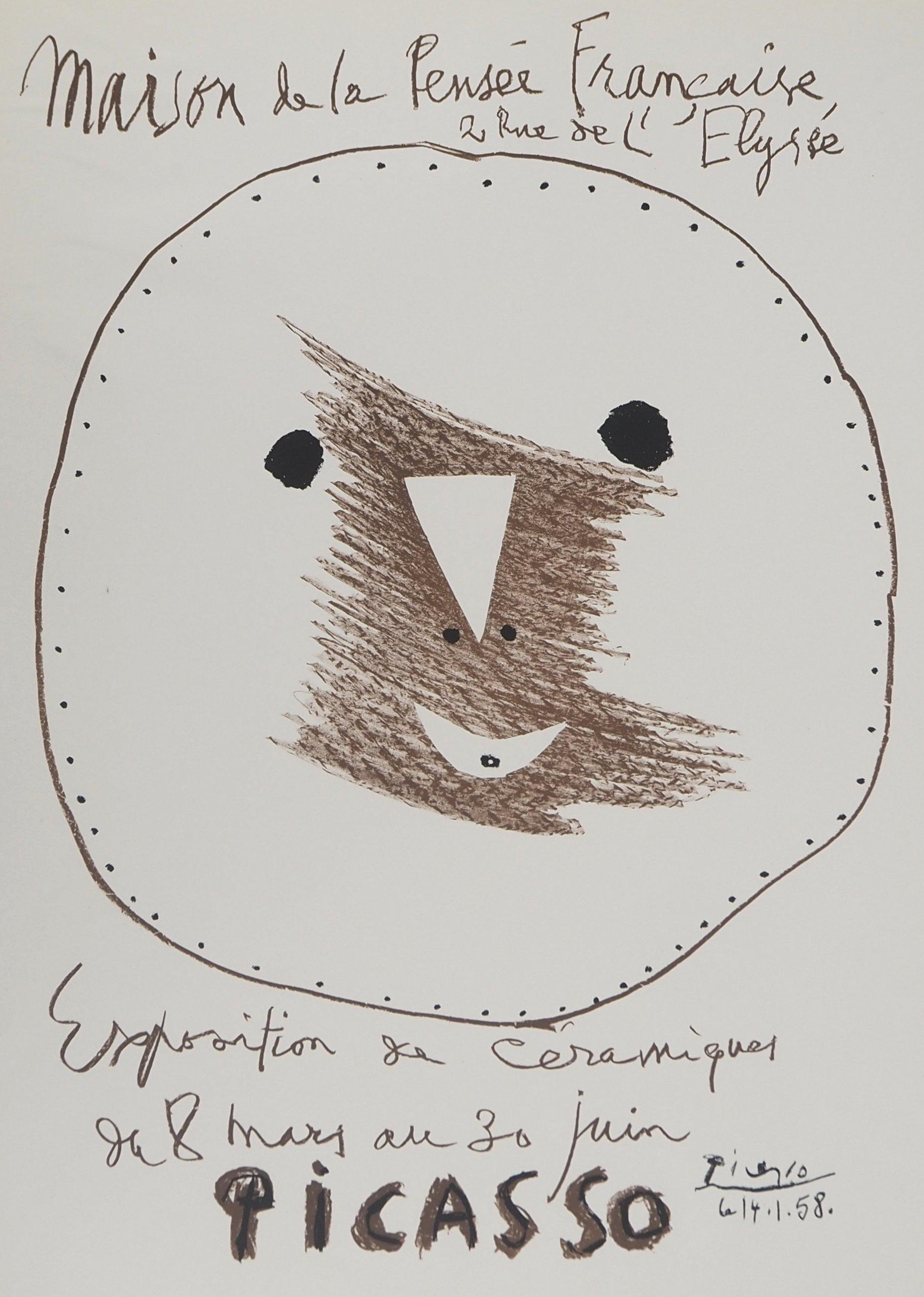 Smilling Face, Madoura Ceramics - Original lithograph (Cwiklitzer #31) - Gray Portrait Print by Pablo Picasso