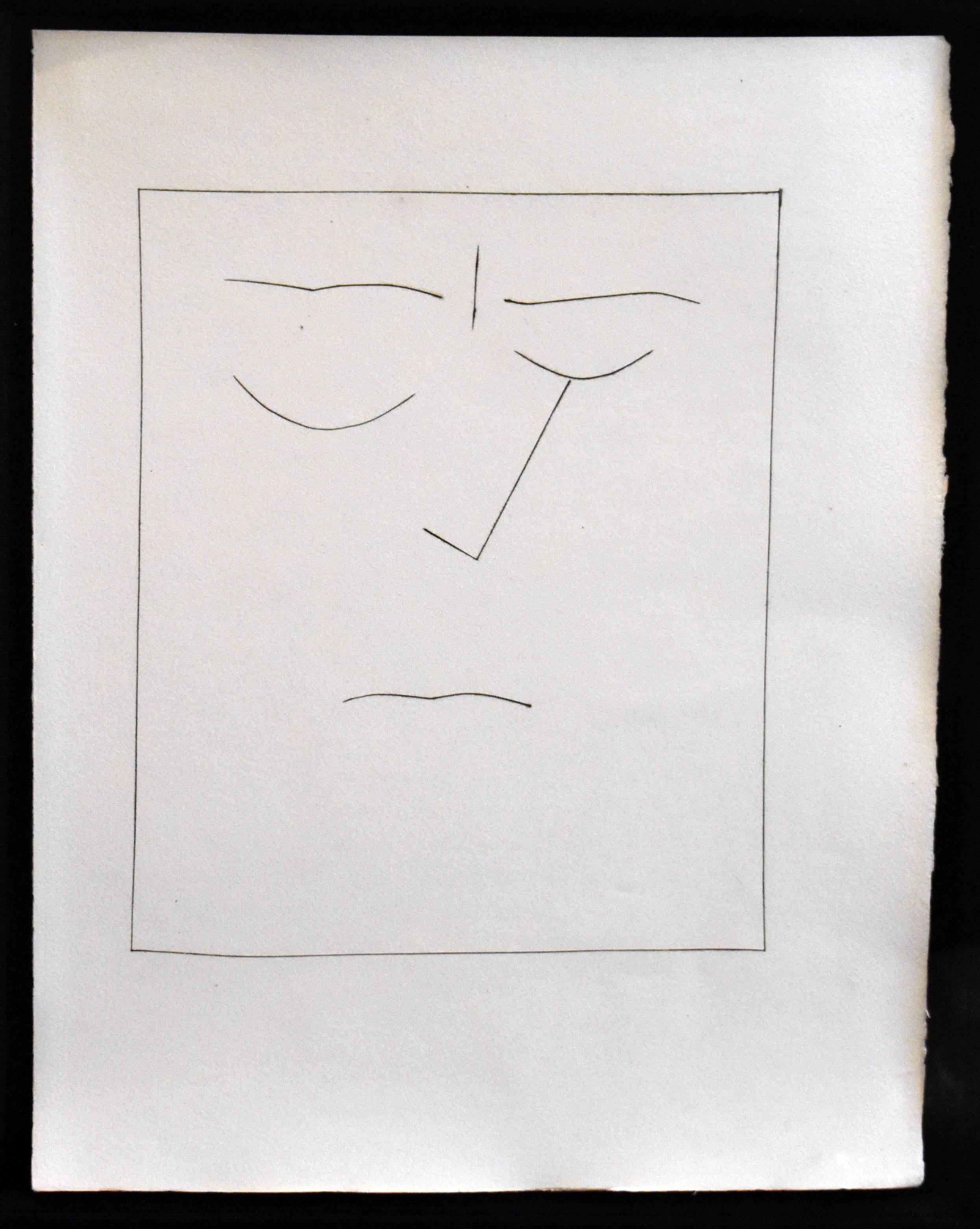 Artist: Pablo Picasso
Medium: Original copper plate with cancellation mark with matching etching on Montval wove paper
Title: Square Head of a Man with Closed Eyes (Plate VIII)
Portfolio: Carmen
Year: 1949
Edition: One of a kind
Framed Size: 17 3/8