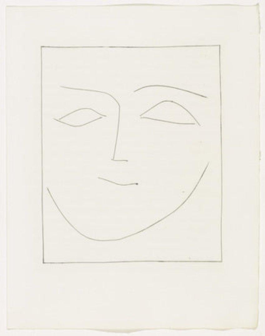 Quadratischer Kopf einer Frau mit halber Smiling (Teller XII), von Carmen (Kubismus), Print, von Pablo Picasso