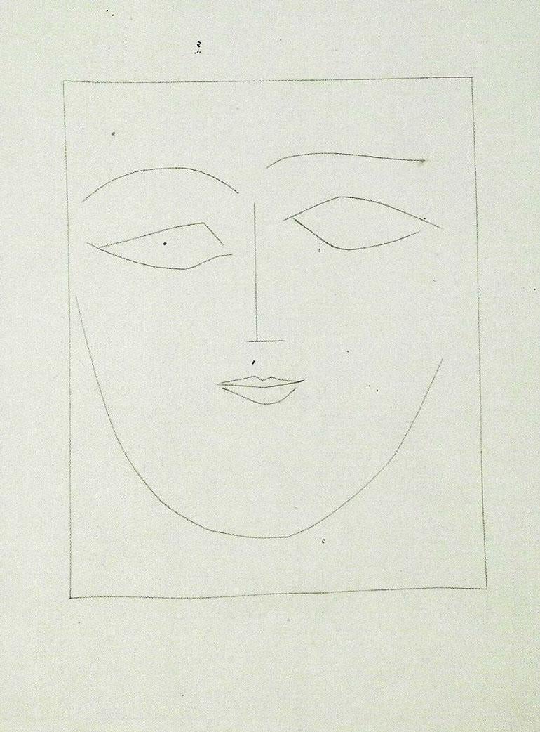 Cabeza cuadrada de mujer con los labios llenos, de Carmen - Portrait Print Beige de Pablo Picasso