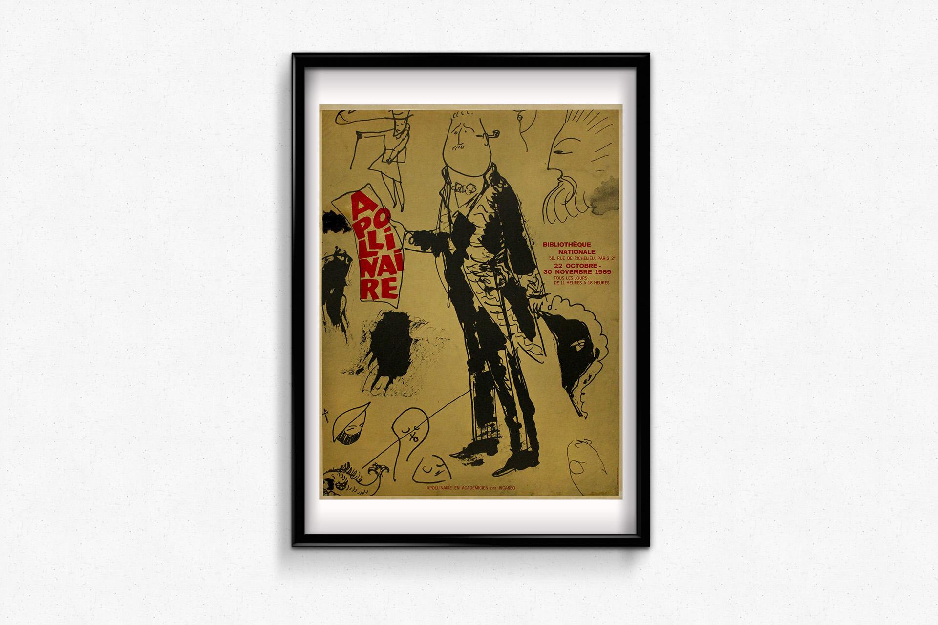 Striking original 1969 poster was by Pablo Picasso Apollinaire en académicien For Sale 1