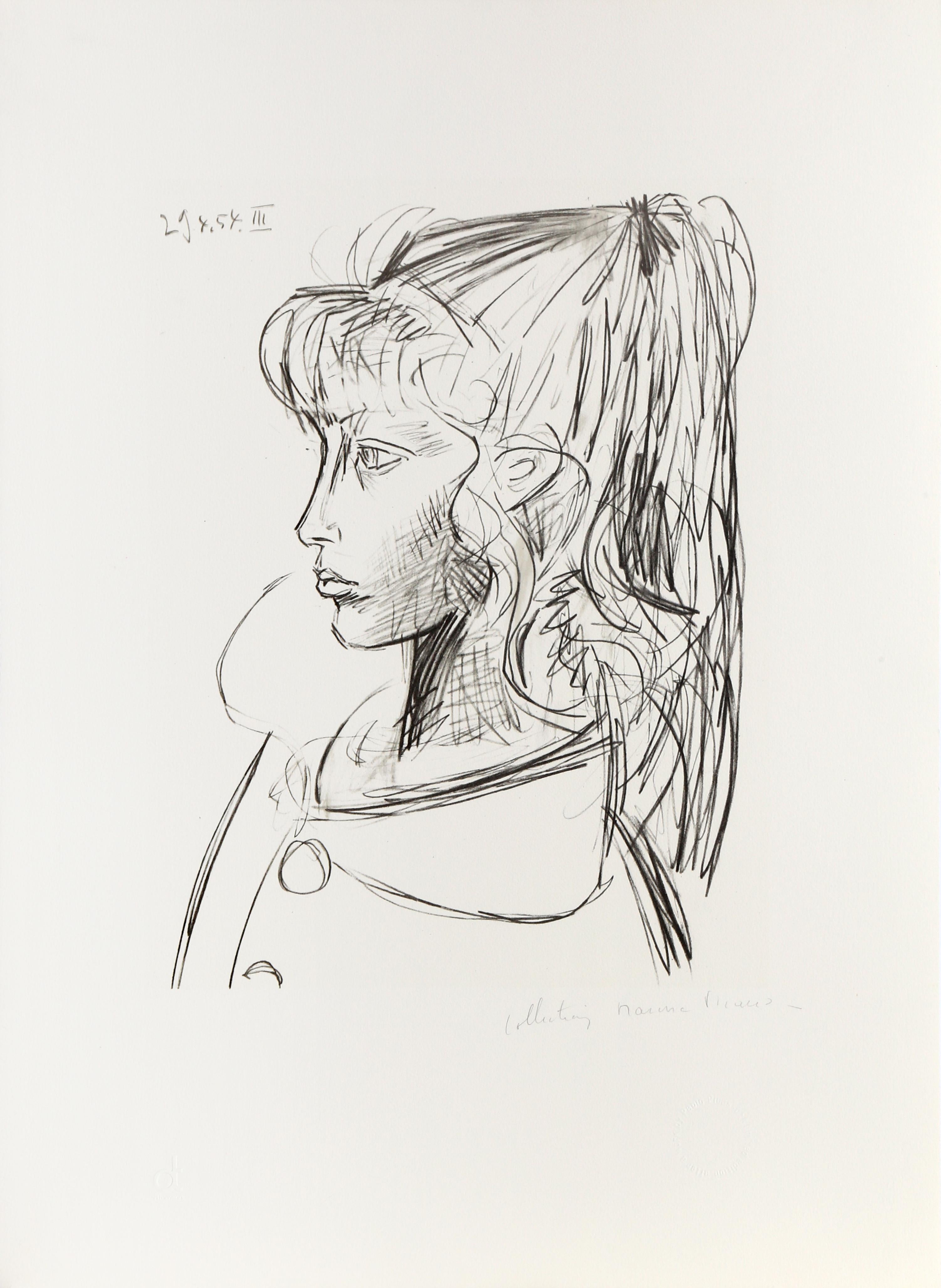 Rendered in profile, Pablo Picasso's portrait of the young Sylvette David is an example of the artist's ability to capture youth and vibrancy even in black-and-white portraits. A young adult at the time of its creation, Sylvette David can be seen in