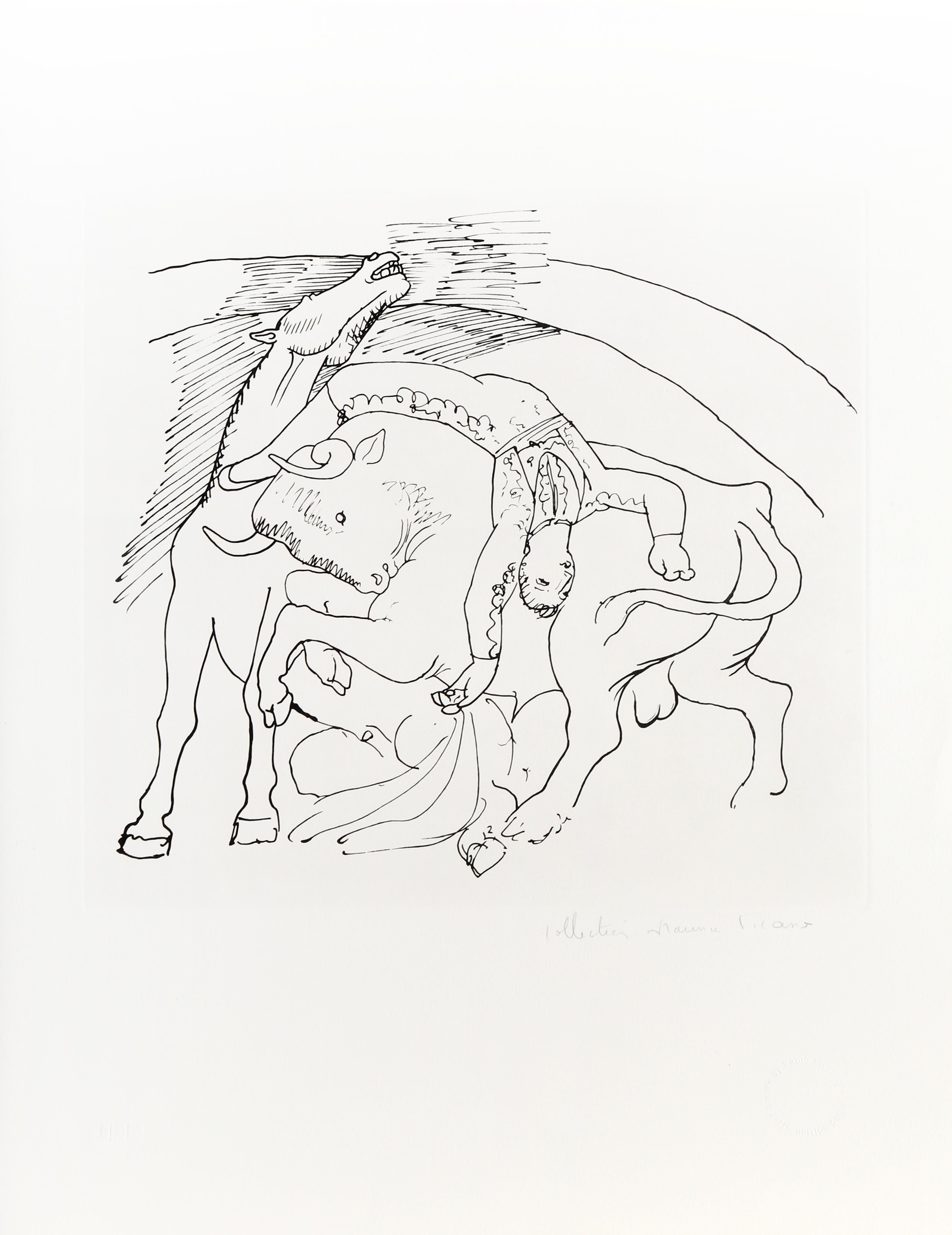 Cette estampe dramatique de Pablo Picasso met l'accent sur le danger des combats de taureaux traditionnels en Espagne. En entrant dans la maison, le taureau au centre du combat pousse vers l'avant avec ses cornes tandis que le matador est projeté de
