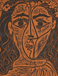 Cabeza de mujer con corona de flores - Retrato en cerámica de terracota enmarcado, 1964
