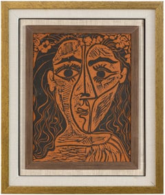 Cabeza de mujer con corona de flores - Retrato en cerámica de terracota enmarcado, 1964