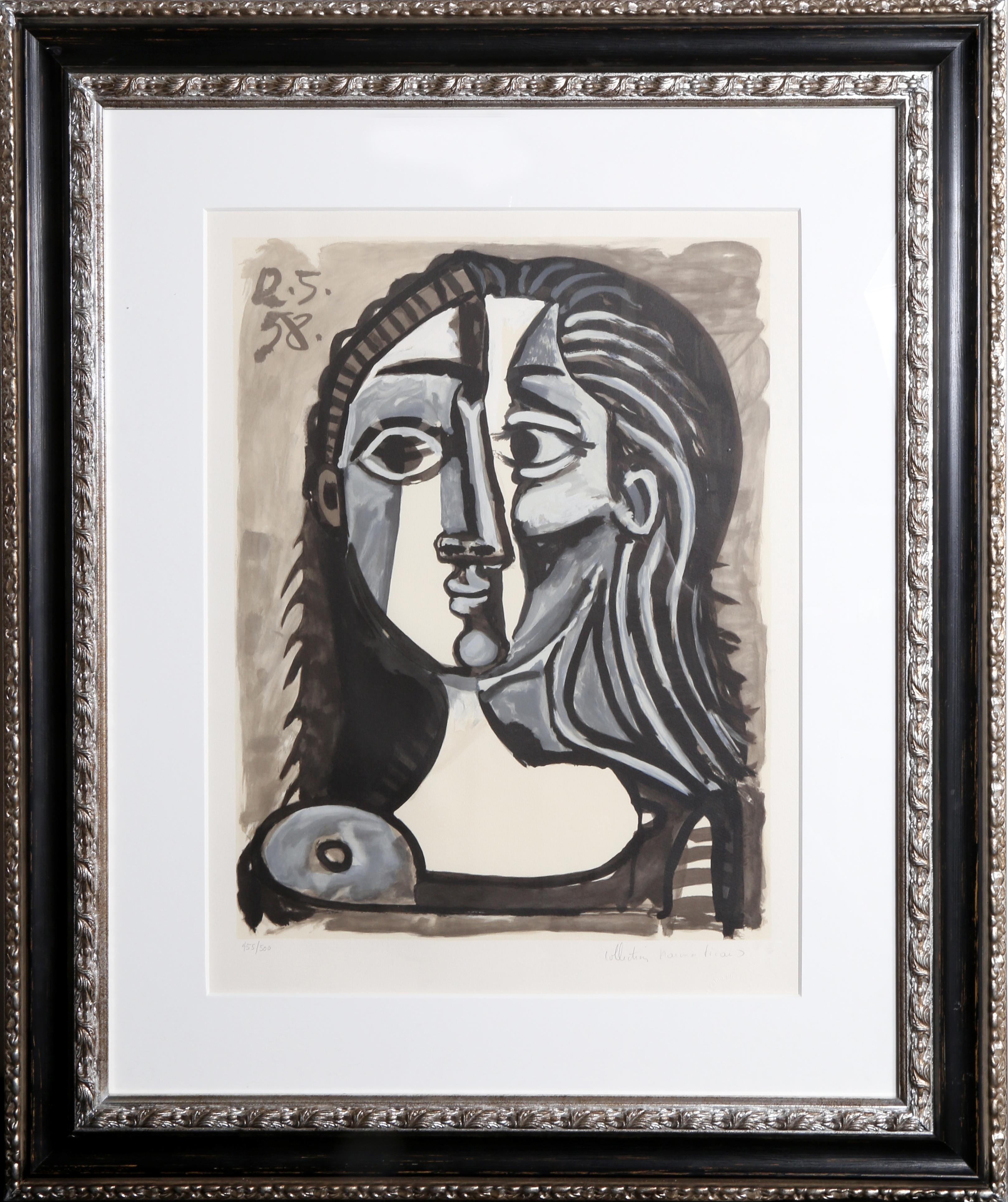 Eine Lithographie aus der Marina Picasso Estate Collection nach dem Gemälde "Tete de Femme" von Pablo Picasso.  Das Originalgemälde wurde 1958 fertiggestellt. In den 1970er Jahren, nach Picassos Tod, autorisierte Marina Picasso, seine Enkelin, die