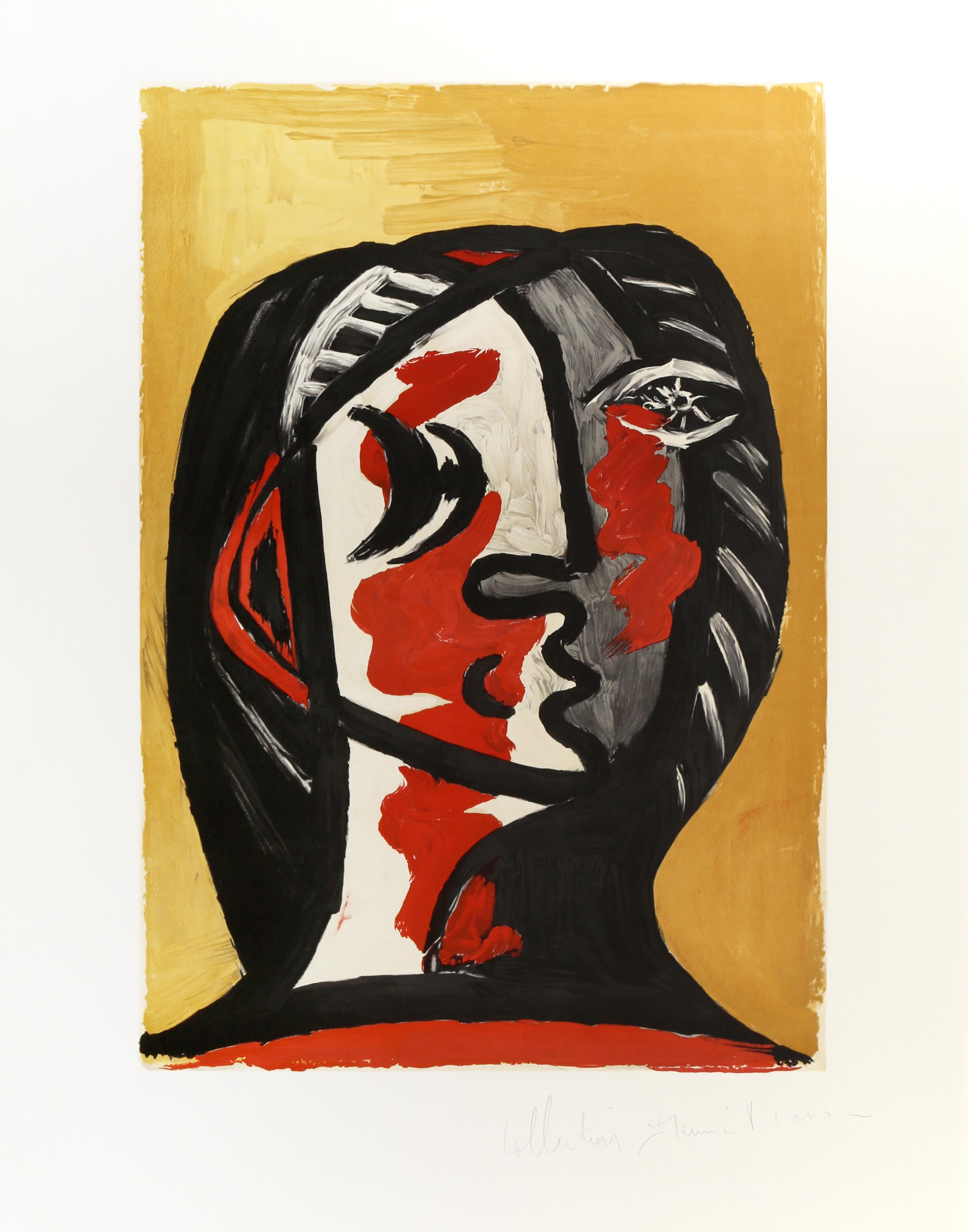 Rendered in bold hues of red and mustard with shading in black, this Pablo Picasso portrait relies on thick, dark lines to shape the face of the woman shown. Accented by the flowing red and even pops of off-white, the lack of true perspective in the