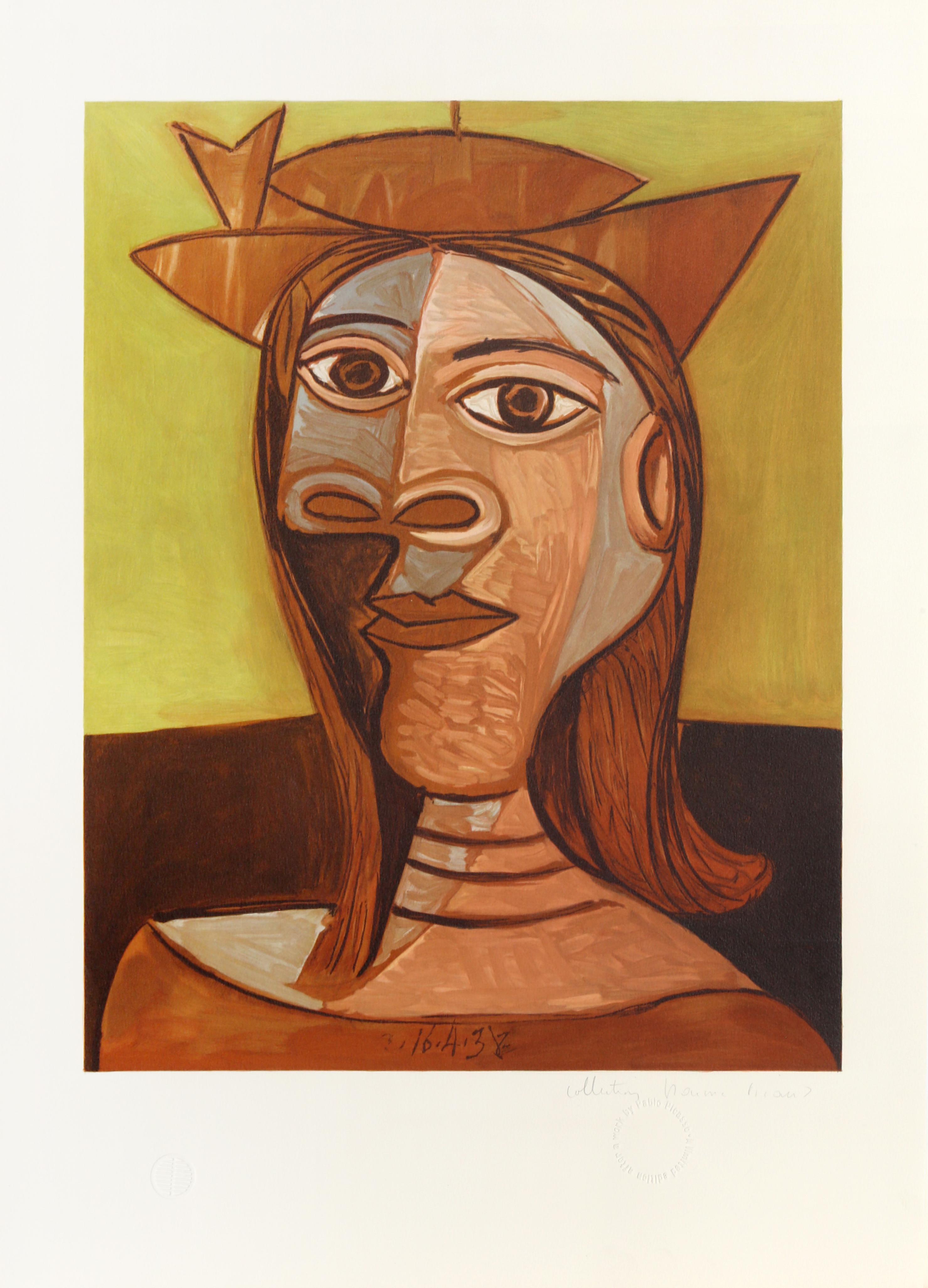 Pablo Picasso's mastery of perspective and integration of geometric planes into his portraits is evident in this portrait of a woman wearing a matching orange hat and blouse. Returning the gaze of the viewer, the woman's facial features appear askew