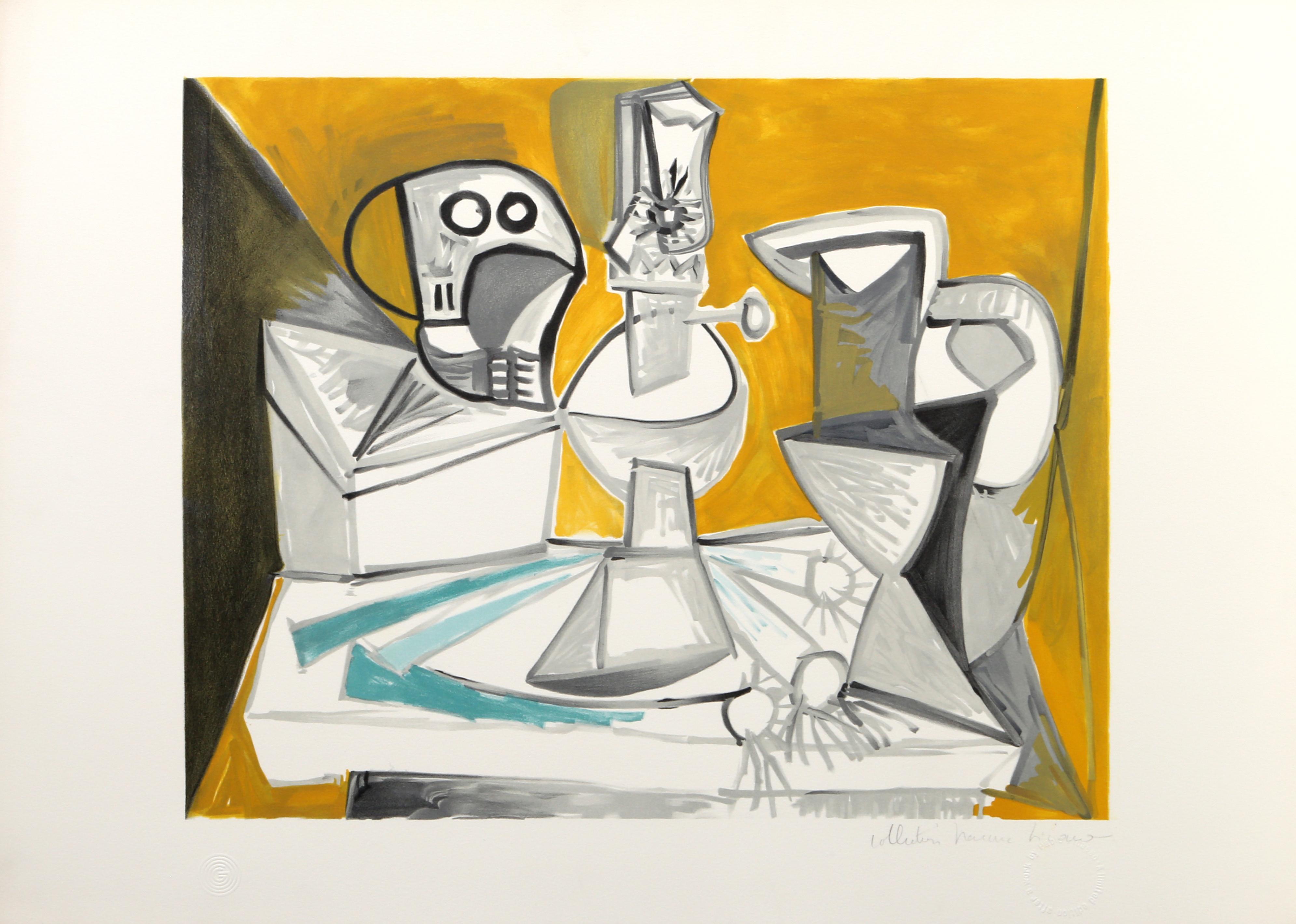 Arranged along a table, the still life displayed in this Pablo Picasso print is bright and luminous. Placed around the lamp at the center, the angular forms of the skull, leeks, and water jugs are plastered in white and grey while the background is