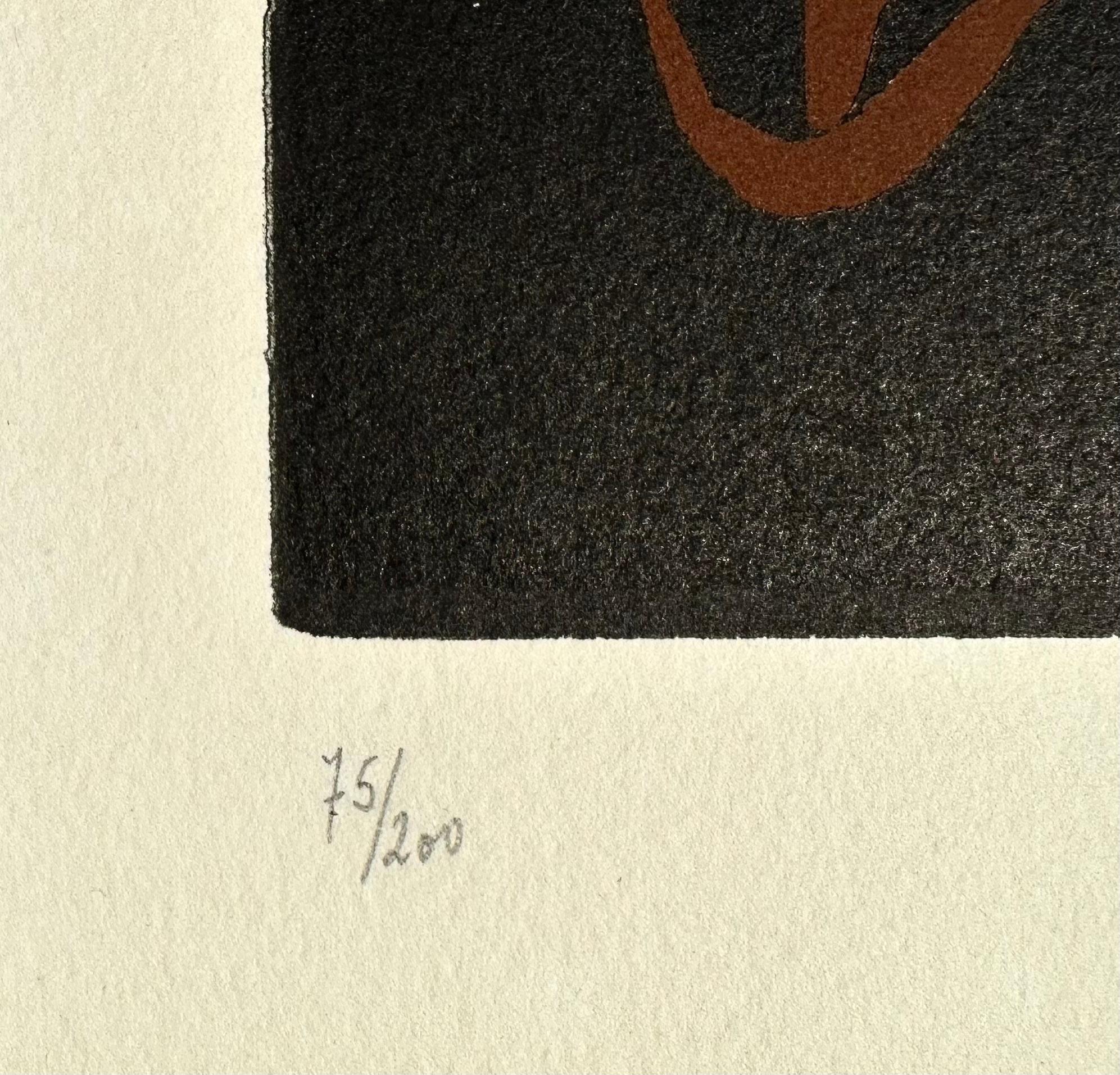 Pablo Picasso- Tete d'Histrion
Linoleografia a colori su carta Arches color crema (con filigrana Arches), edizione 1965 di 200 copie.
Stampato da Arnéra, Vaullauris, Francia
Pubblicato da Galerie Louise Leiris, Parigi, Francia
Firmato a mano a