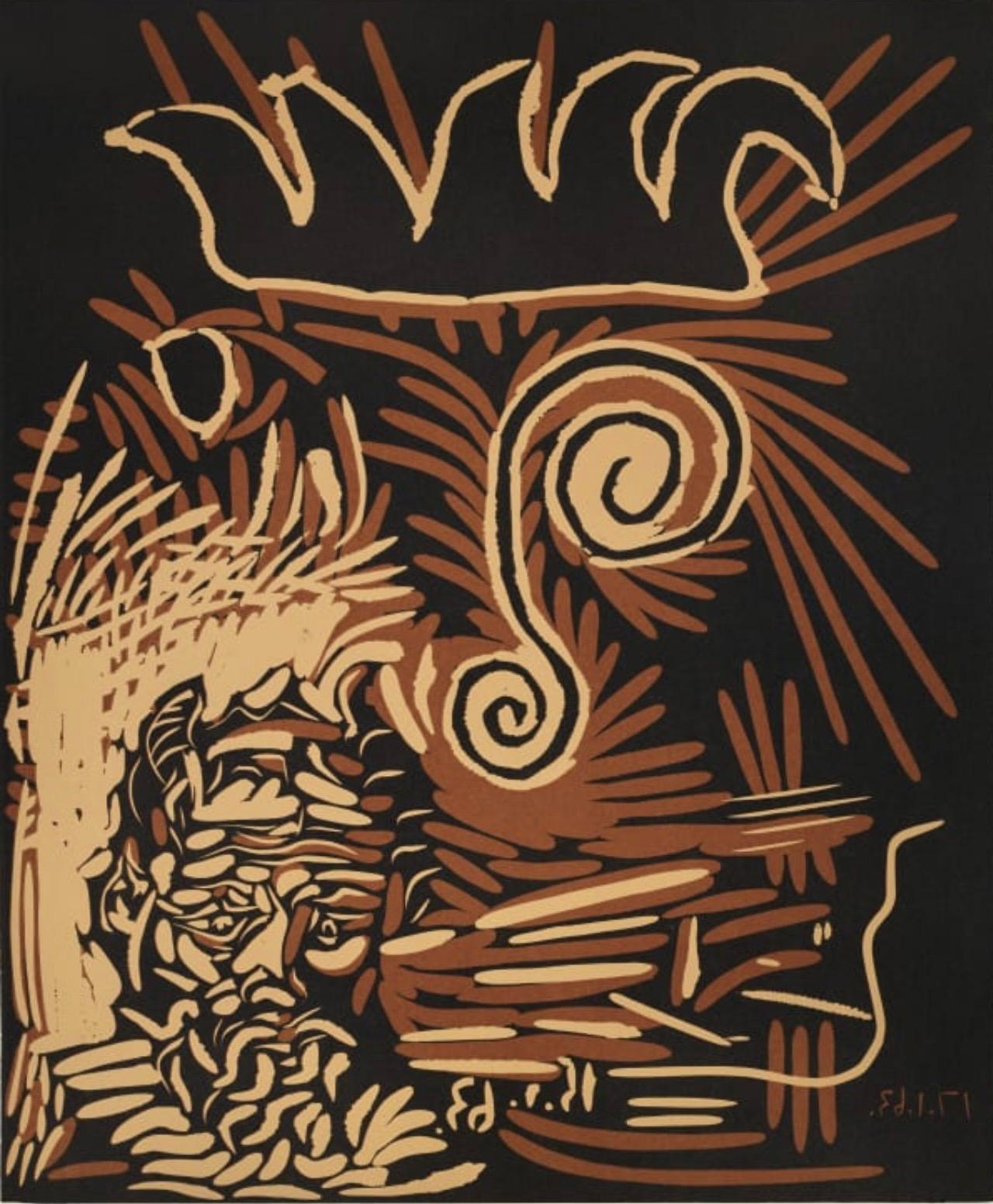 Tetes: Le Vieux Buffon (Bloch 1104), signiert Picasso Linocut – Print von Pablo Picasso