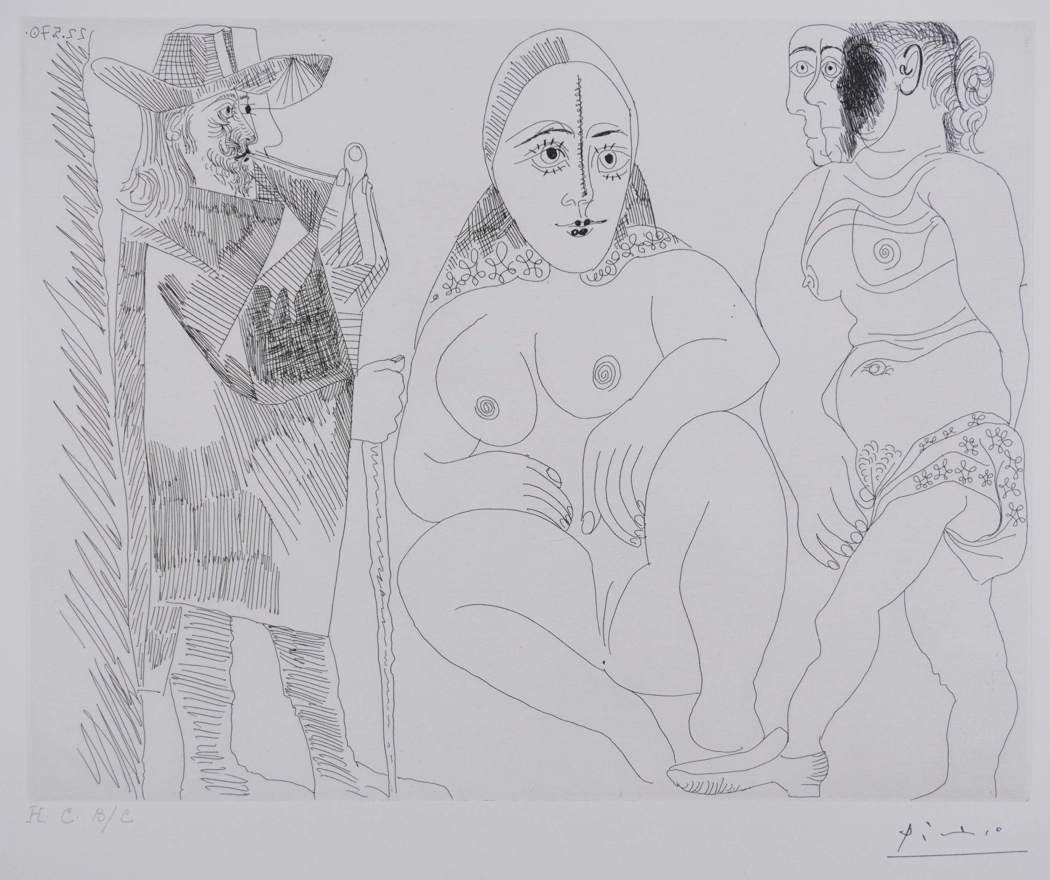 Los 156, Caballero con dos mujeres - Aguafuerte original, firmado (Baer #1914) - Print Cubista de Pablo Picasso