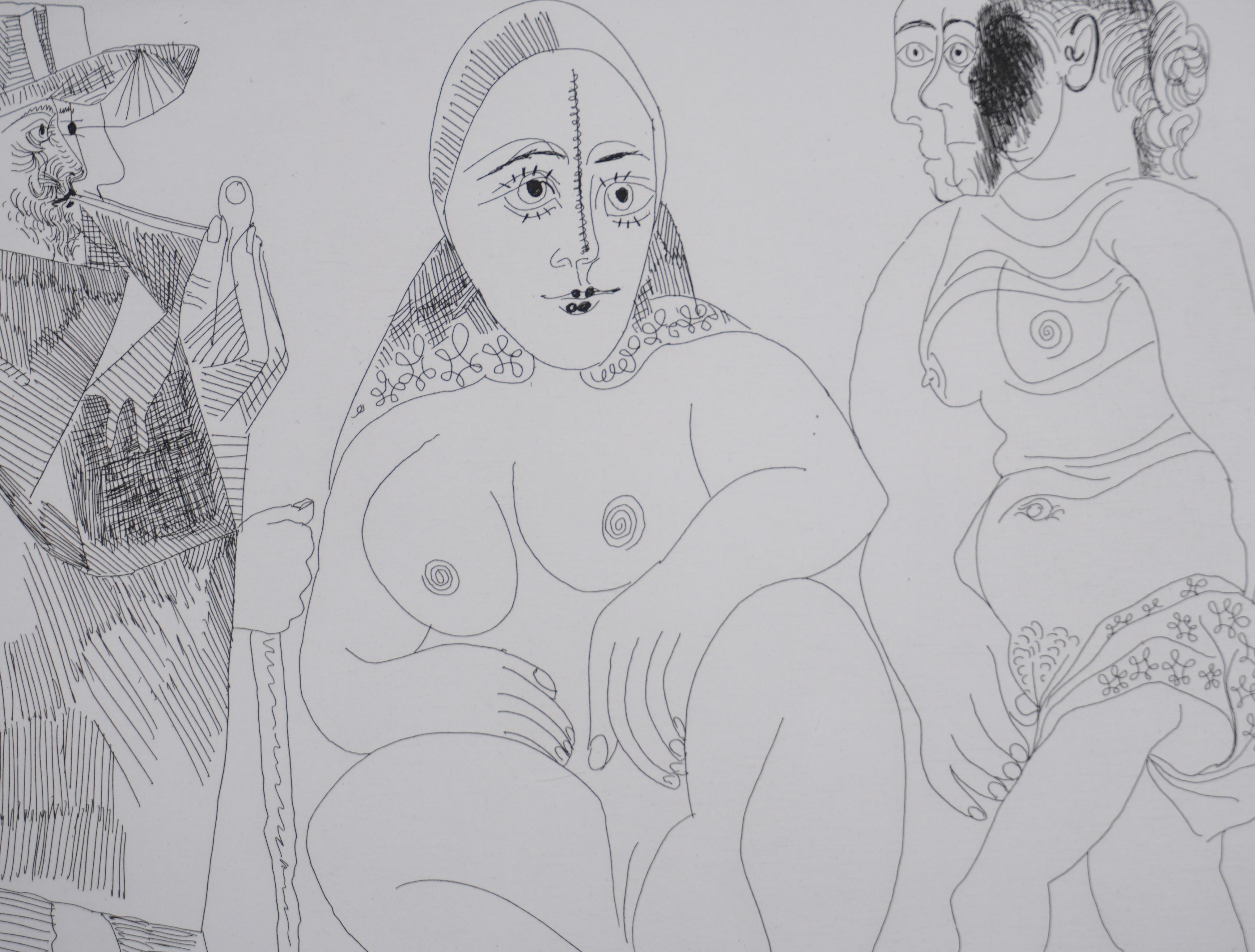Los 156, Caballero con dos mujeres - Aguafuerte original, firmado (Baer #1914) - Nude Print Gris de Pablo Picasso